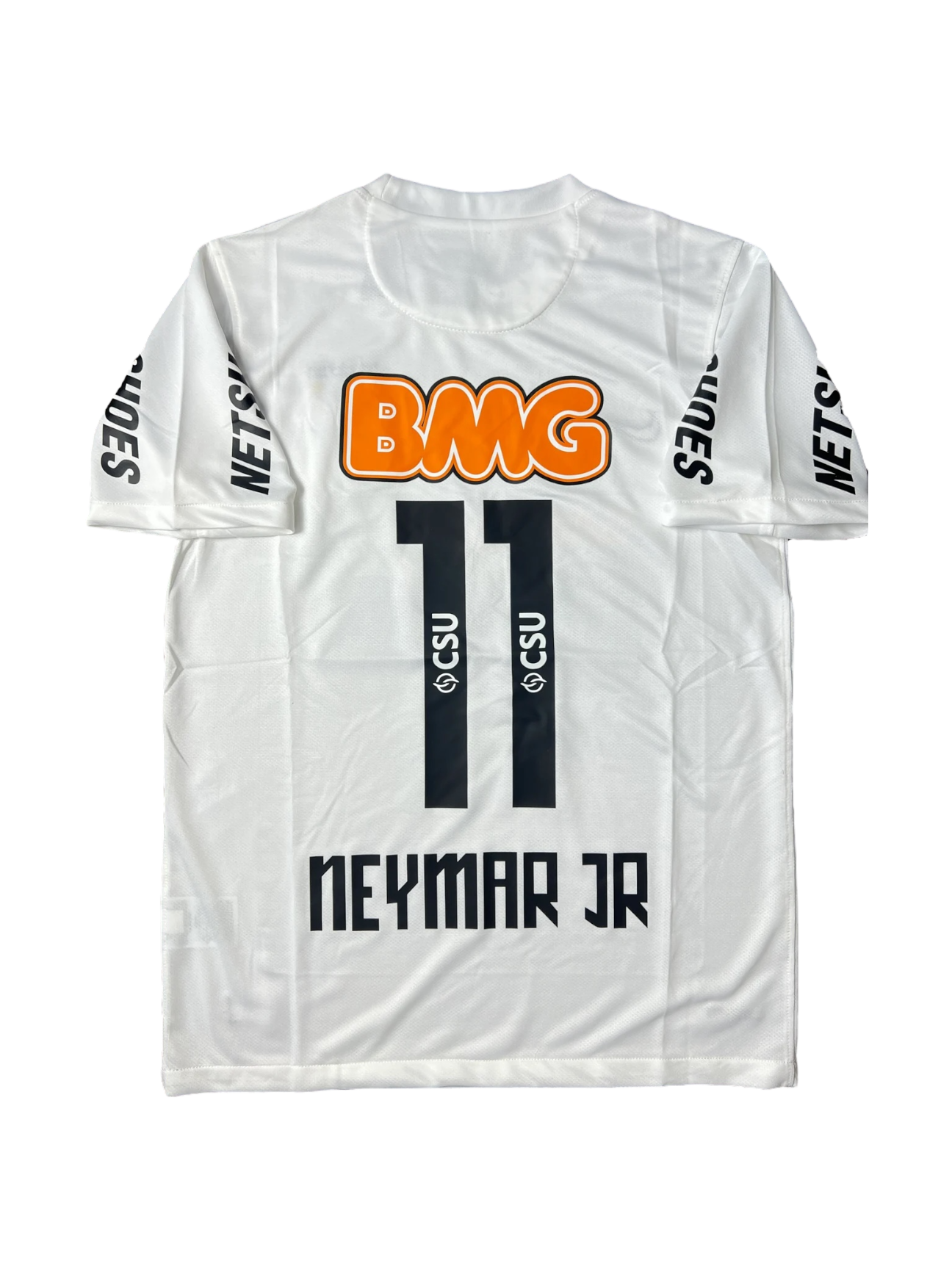 Back view of a white Santos FC retro football shirt with Neymar Jr name, black number 11, orange BMG sponsor and black sleeve lettering.