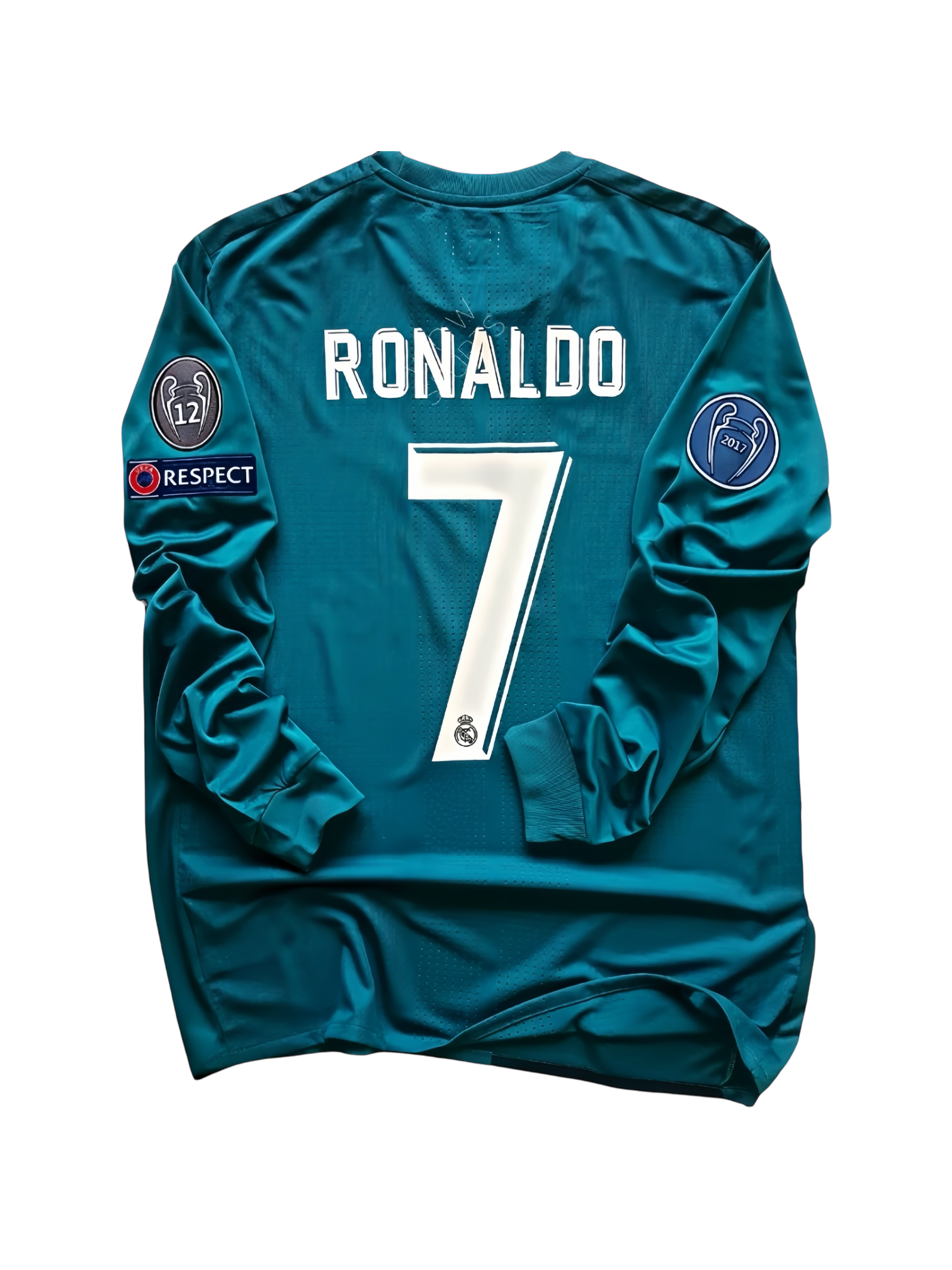Real Madrid teal long sleeve football shirt, back flat lay with white RONALDO lettering, a large number 7 and dark sleeve badges