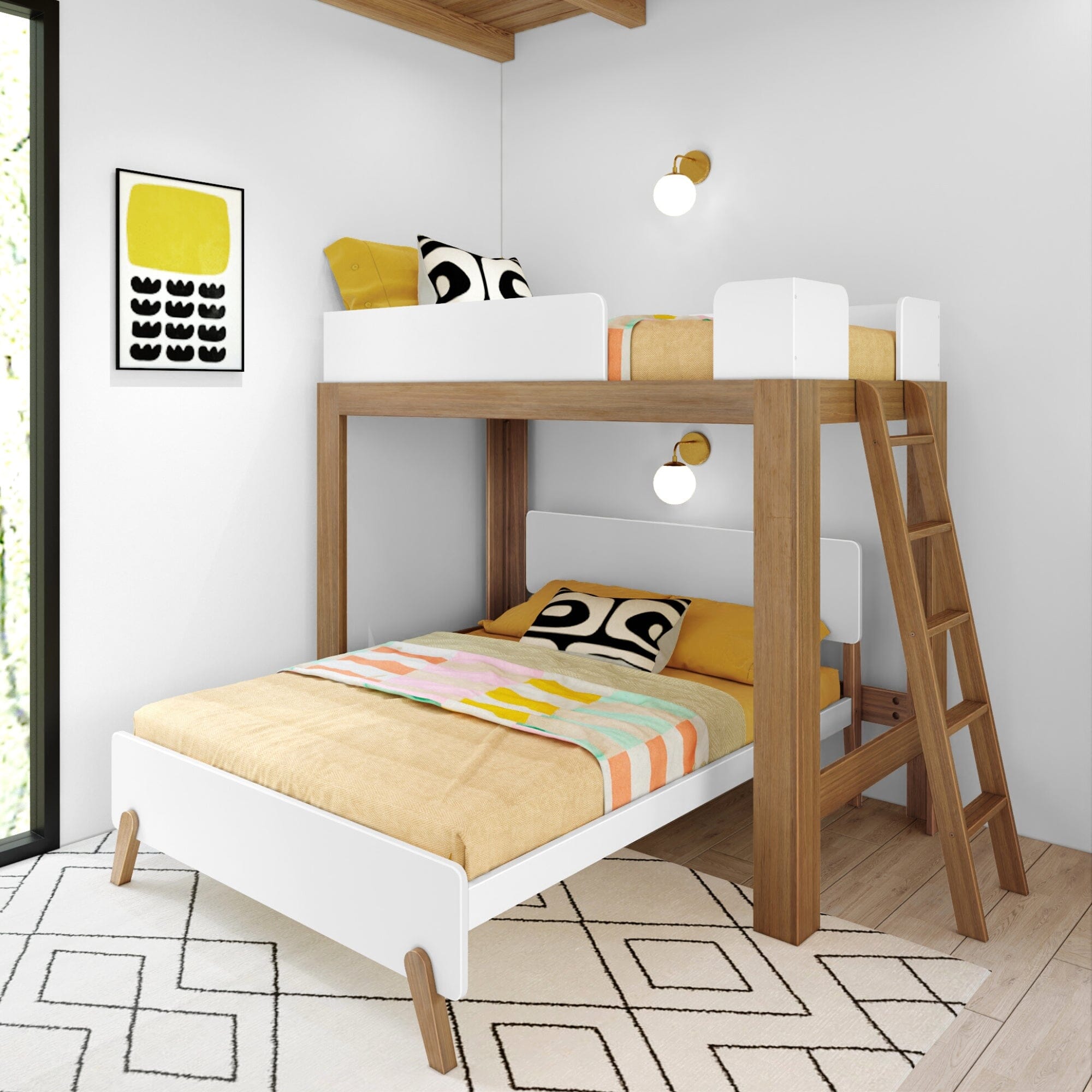 đStore Closing SaleđMid-Century Modern L-Shaped Twin Over Full Bunk Bed with Ladder on End
