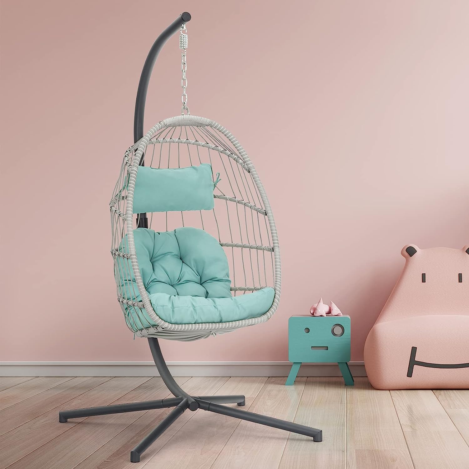 Brafab Swing Egg Chair, Hammock Chair, Hanging Chair, Aluminum Frame and UV Resistant Cushion with Steel Stand, Indoor Outdoor Patio Porch Lounge Bedroom Hand Made Wicker Rattan Chair, 350LBS Capacity