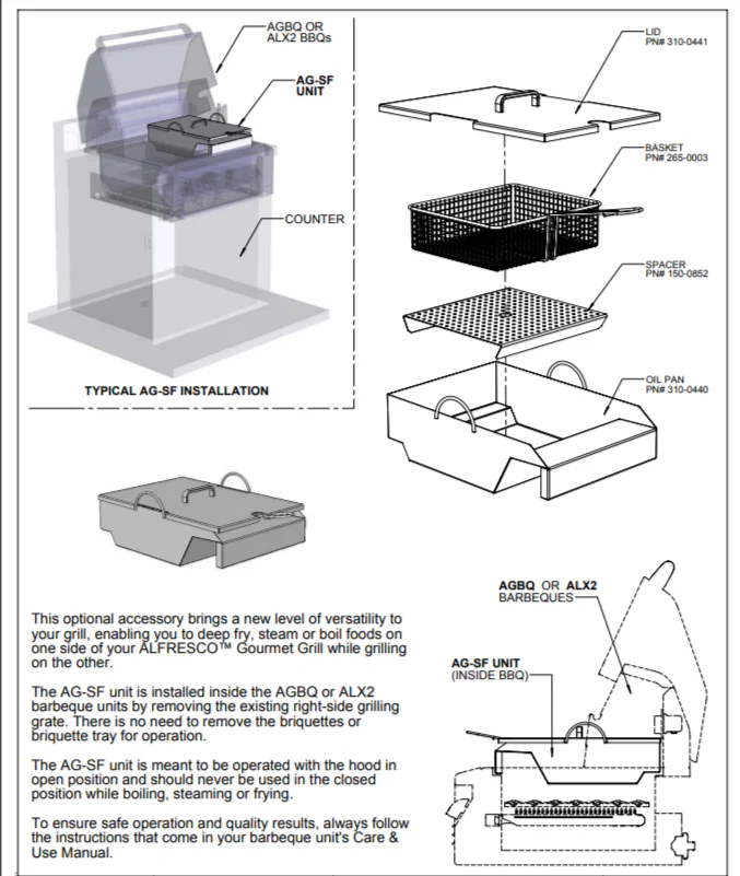 Alfresco 19-Inch Gas Grill in Stainless Steel Grill Mounted Steamer/Fryer