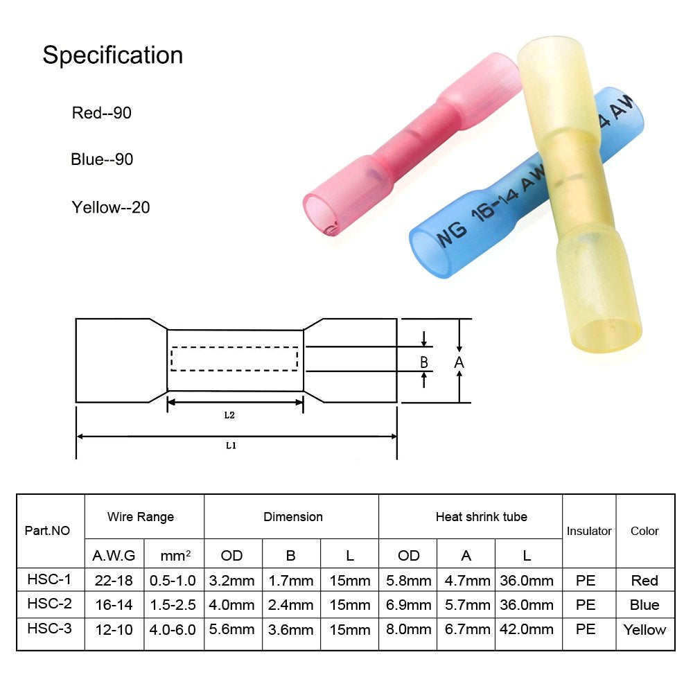 Heat Shrink Butt Connectors Terminals, Waterproof Marine Grade