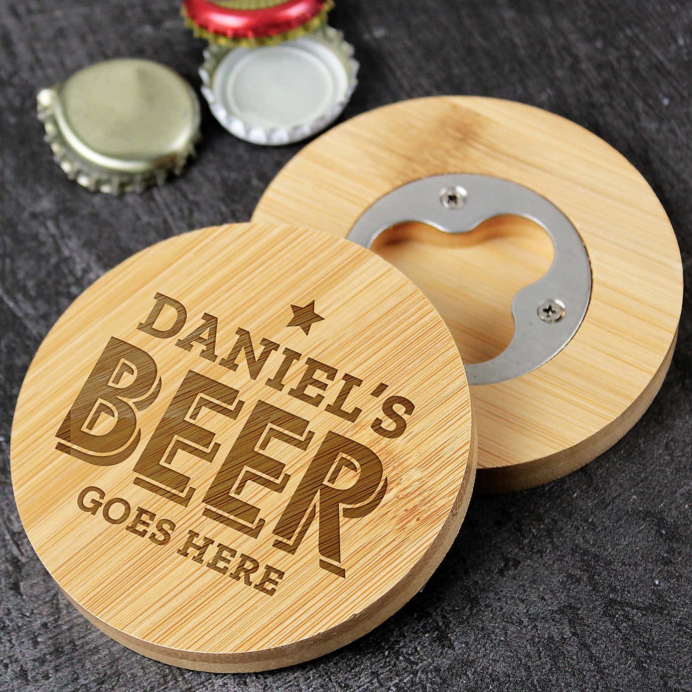 Personalised Beer Goes Here Bamboo Coaster with Hidden Bottle Opener