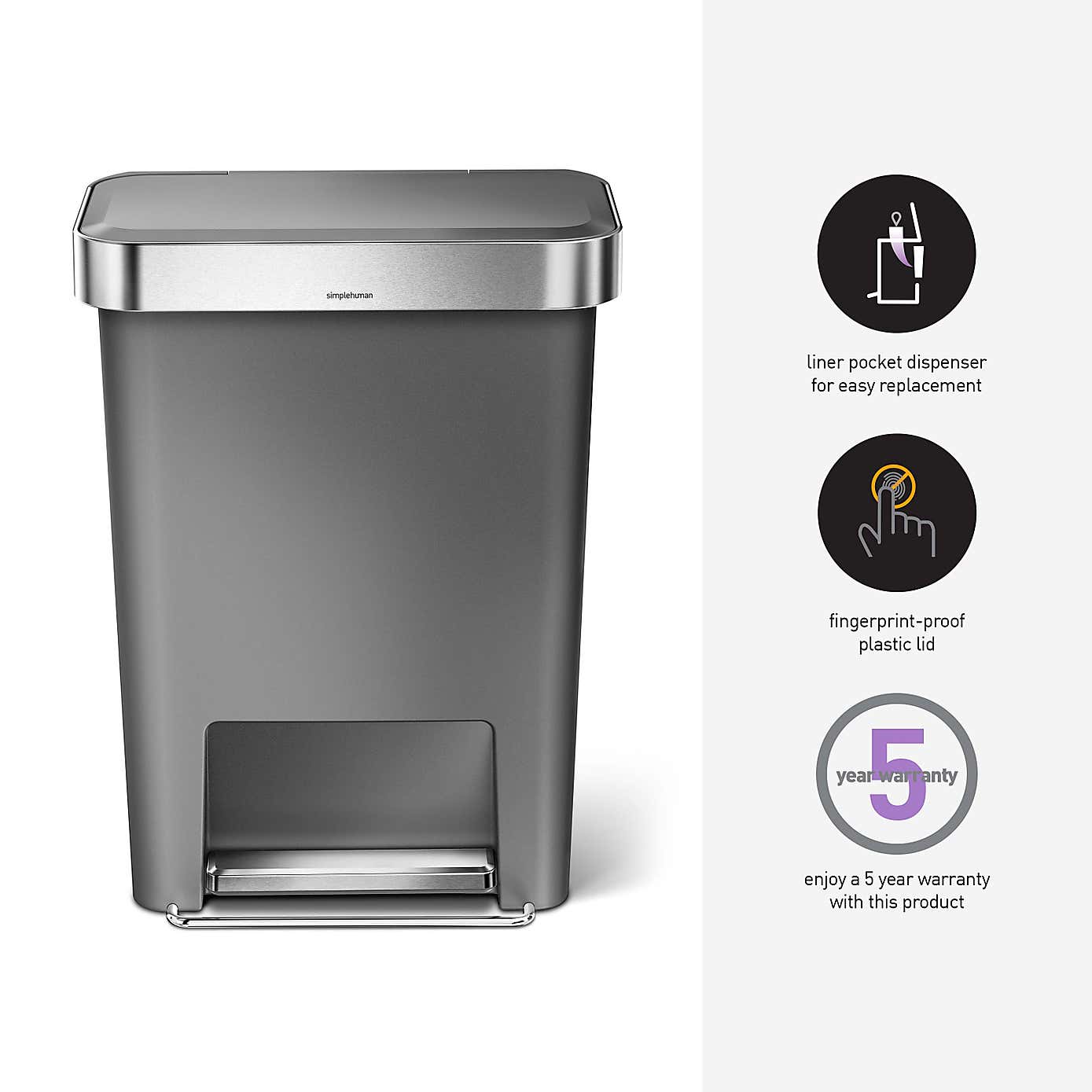 simplehuman 45 Litre Plastic Pedal Bin With Liner Pocket