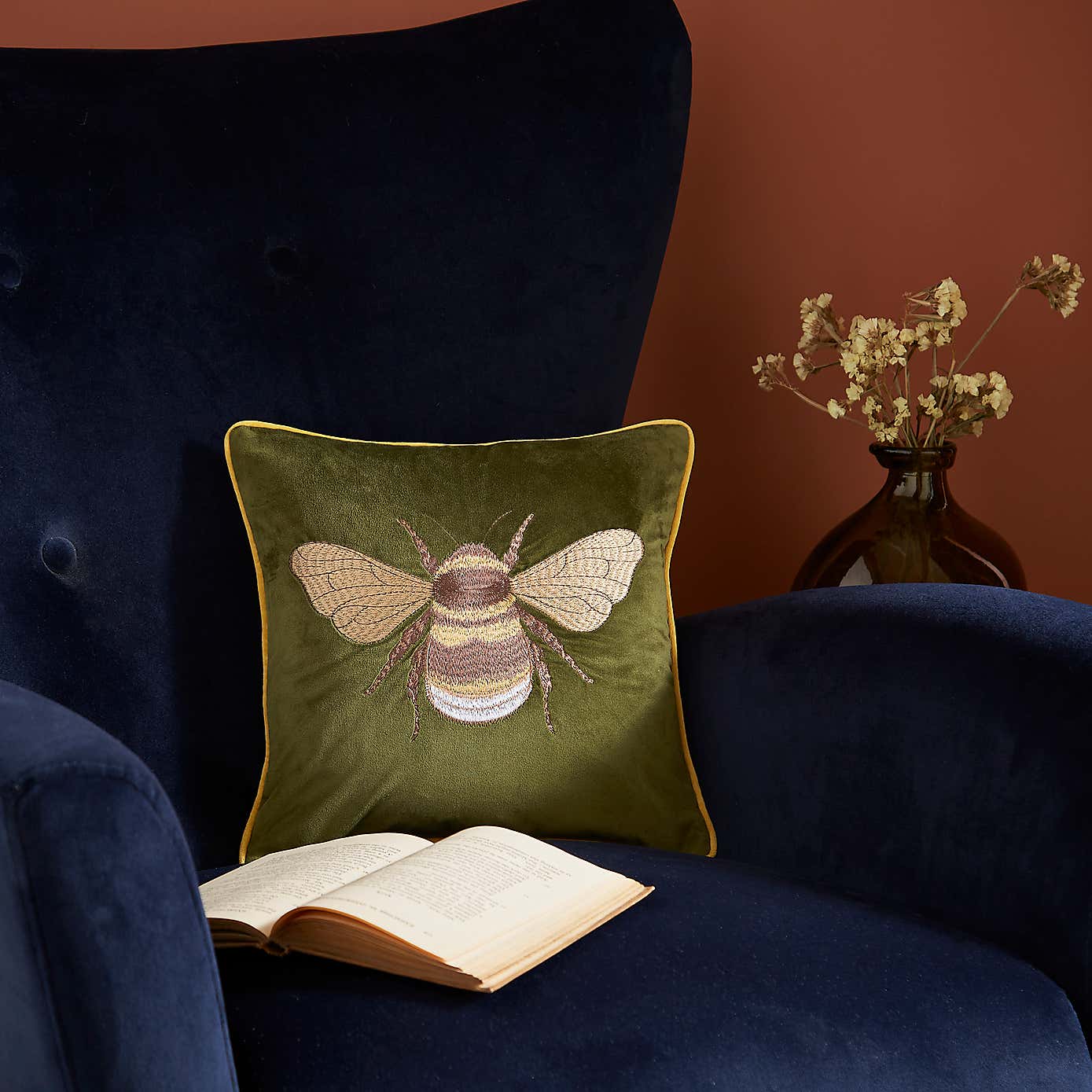 Embroidered Bee Square Cushion