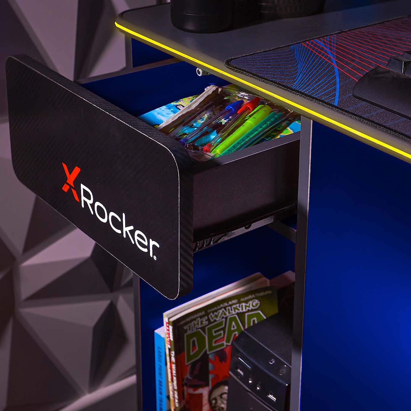 X Rocker White Carbon Tek Gaming Desk with Wireless Charging and Neo Fibre LED