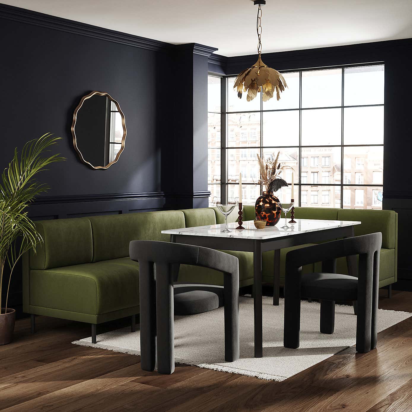 Mae Matte Plush Velvet Left Hand Dining Bench Olive Bundle