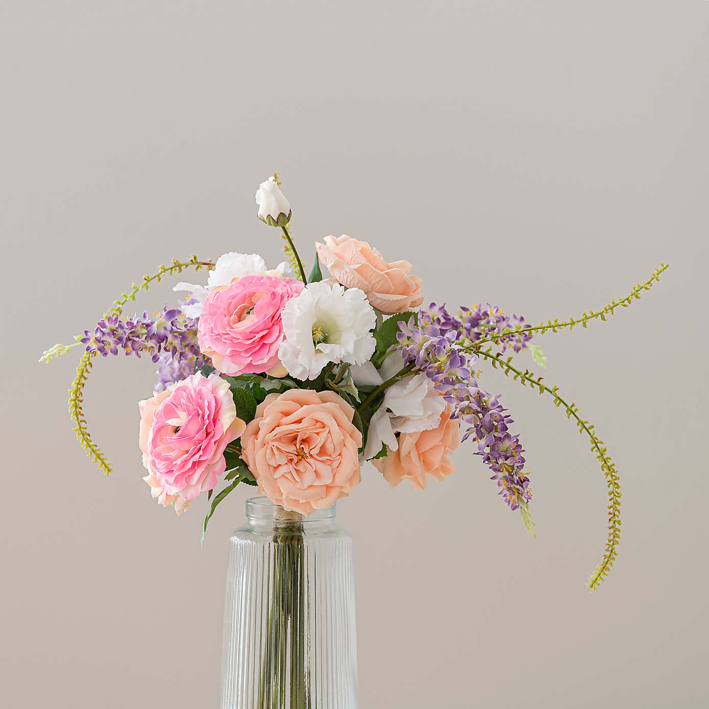 Artificial Rose & Delphinium Bouquet in Ribbed Glass Vase