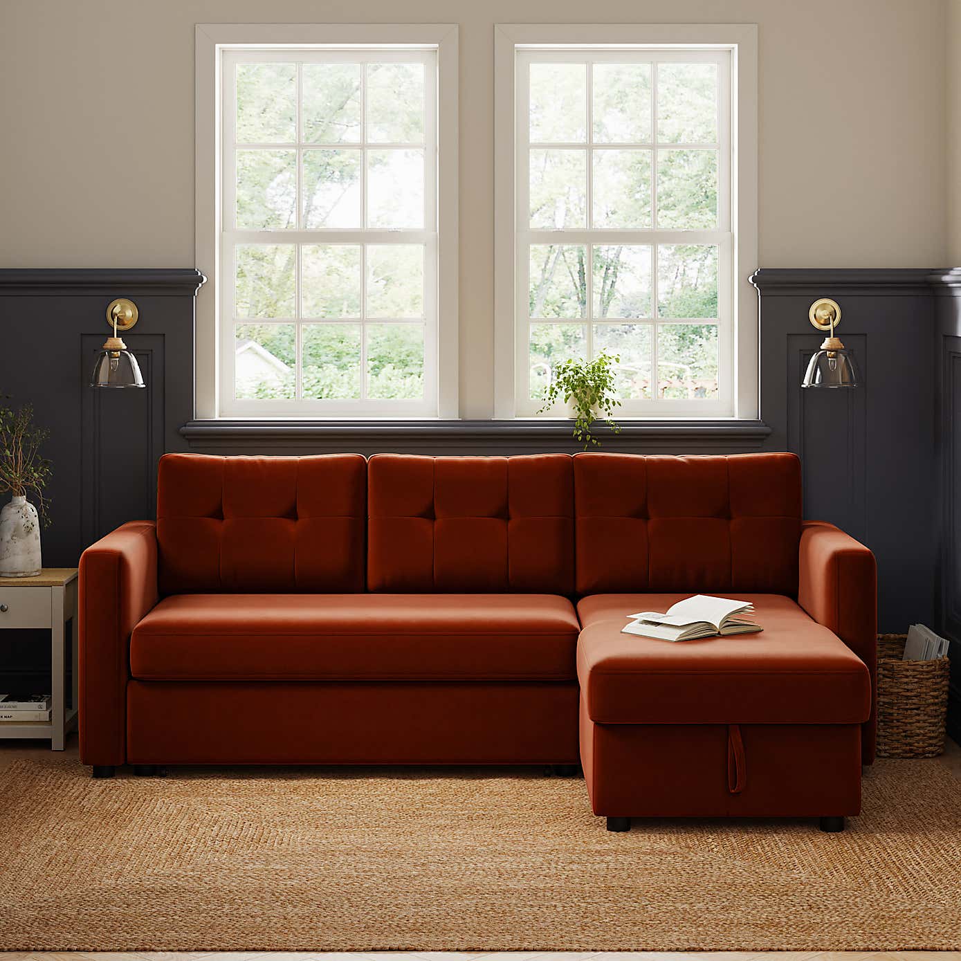 Barker Velvet Trundle Corner Chaise Sofa Bed