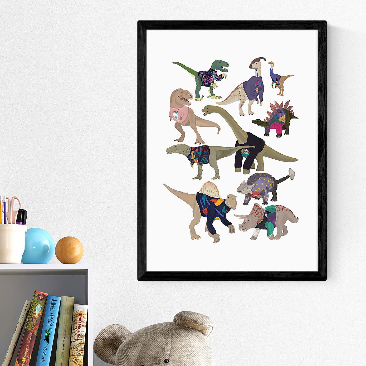 East End Prints Dinosaurs in 80s Jumpers by Hanna Melin Print