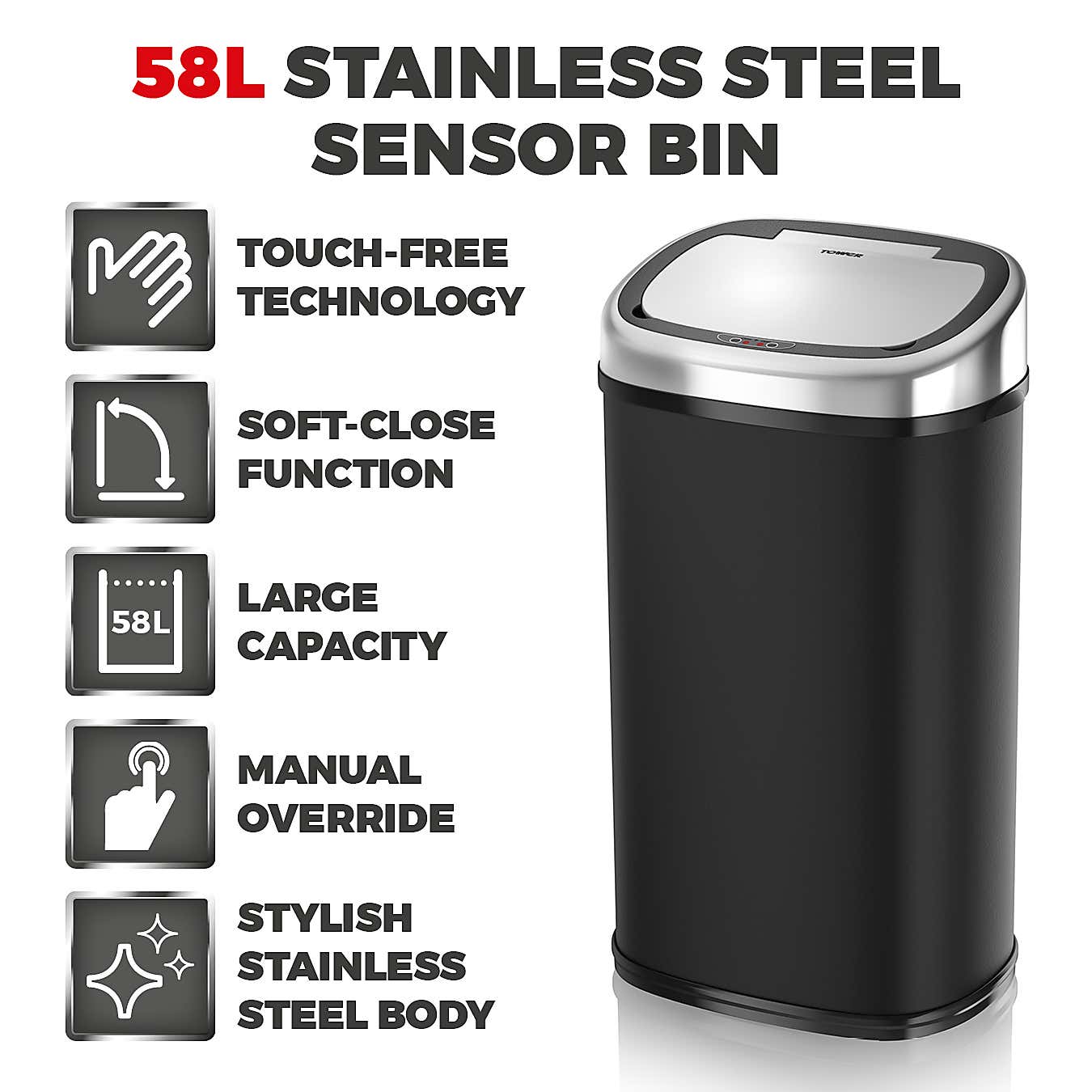 Tower 58 Litre Black Square Sensor Bin