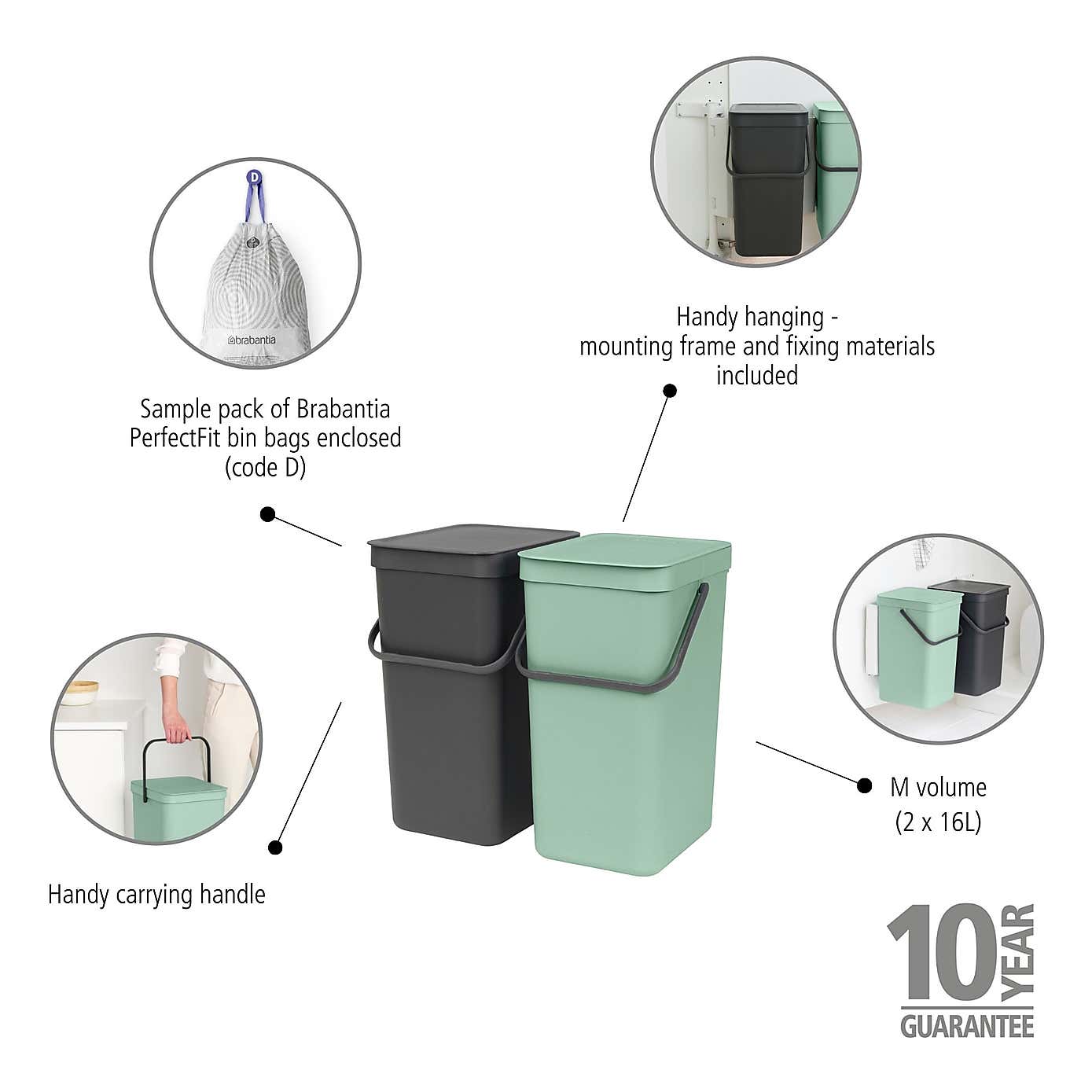Brabantia Sort and Go Built in Bin 2 x 16L Jade Green Grey