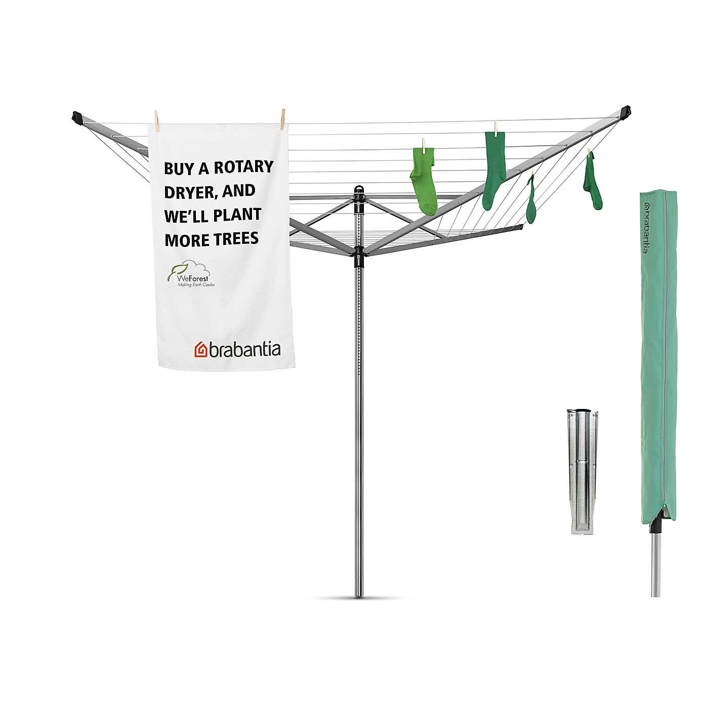 Brabantia Lift O Matic 60m Rotary Clothes Airer, Ground Spike & Cover
