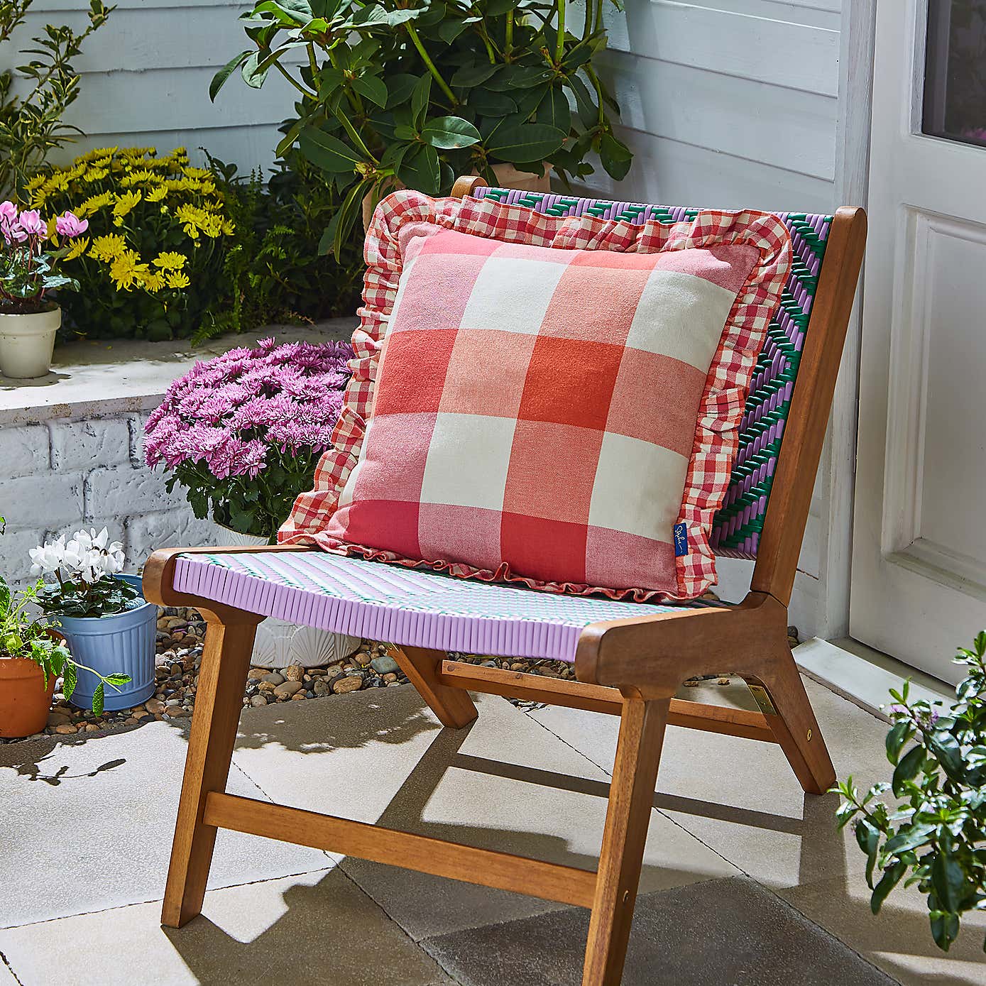 Sophie Robinson Picnic Plaid Frilled Outdoor Square Cushion