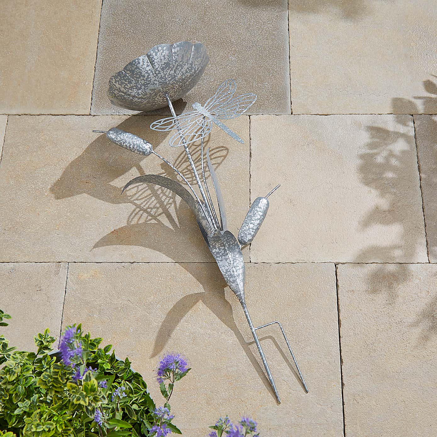 Silver Iron Dragonfly Bird Bath Stake