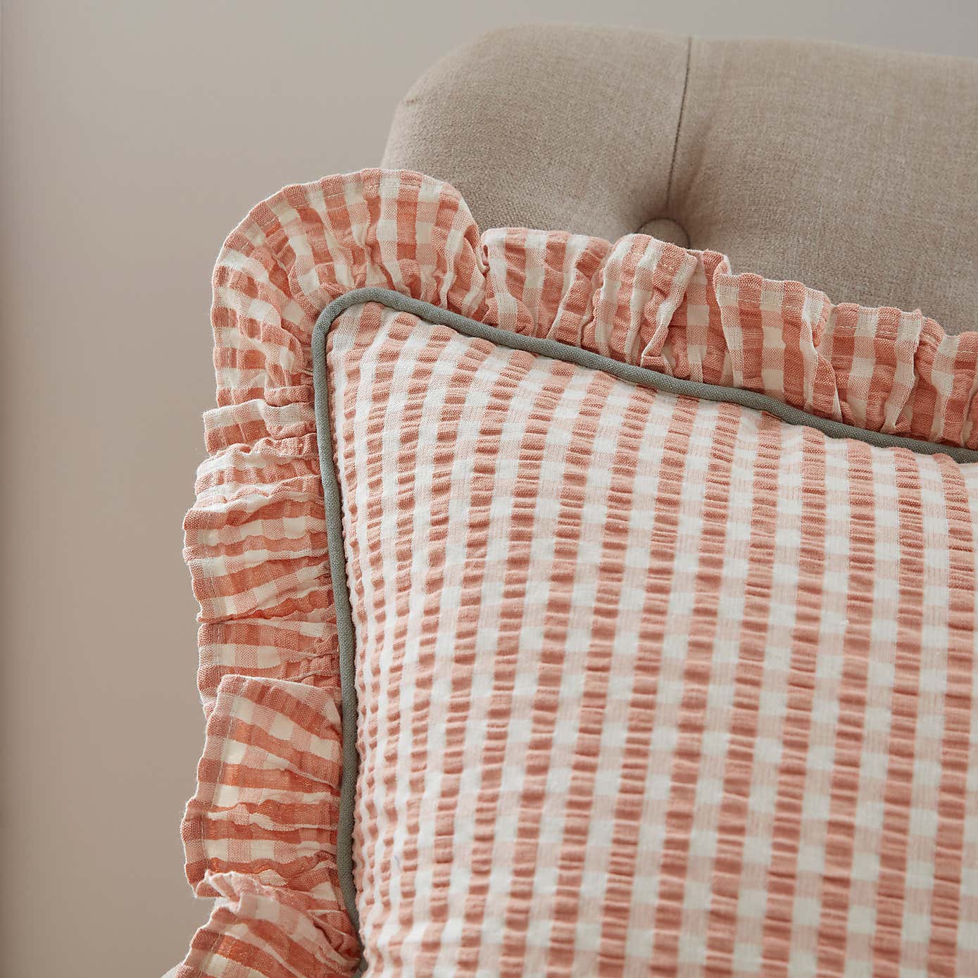 Seersucker Gingham Frill Cotton Square Cushion