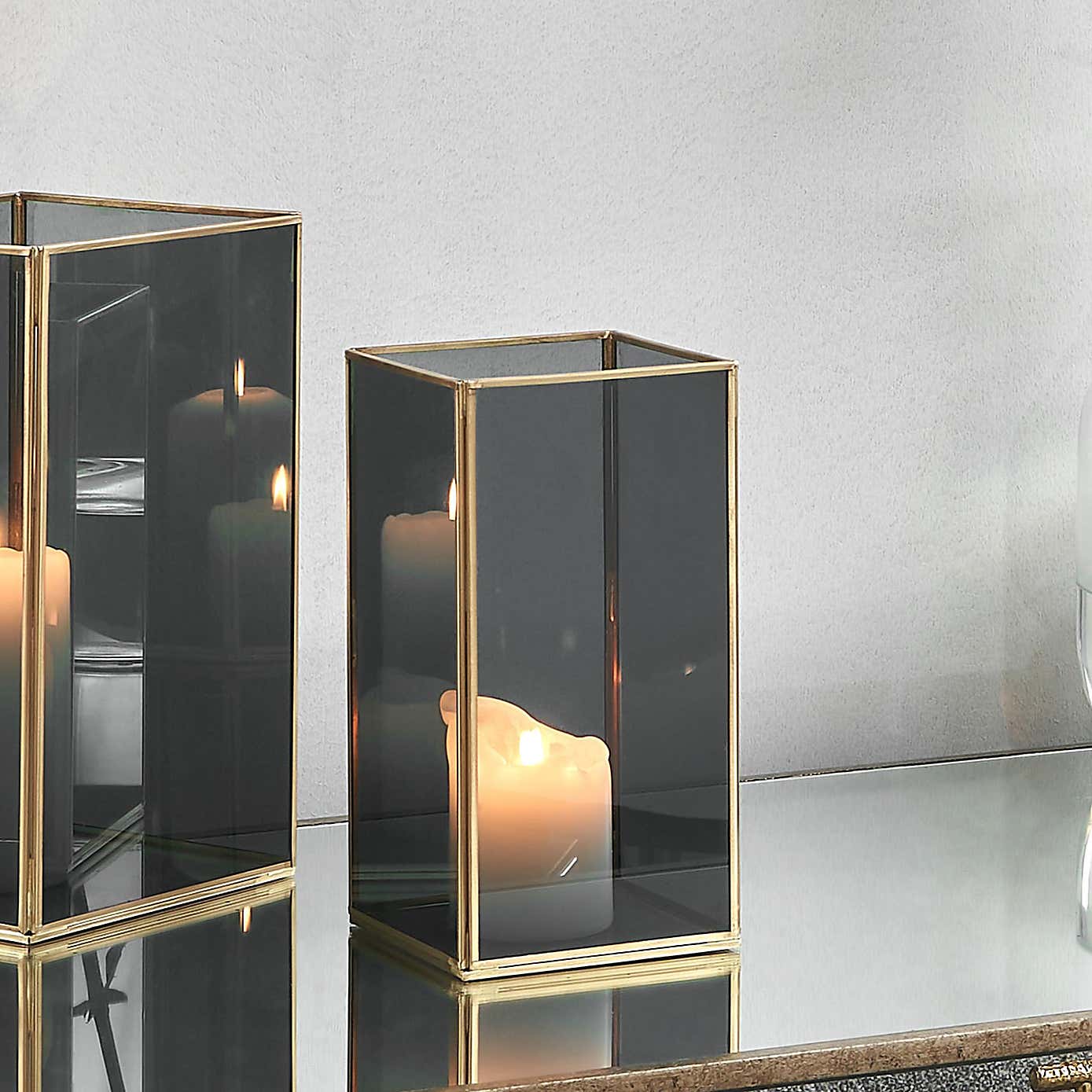 Brass & Smoked Glass Panelled Square Hurricane Candle Holder