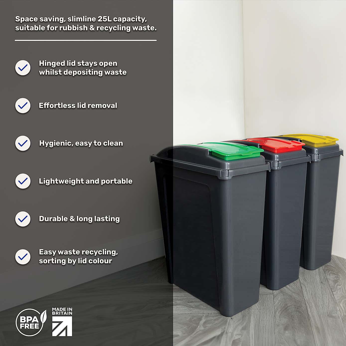 Wham 25L Set of 3 Recycling Bins with Red, Green, & Yellow Lids