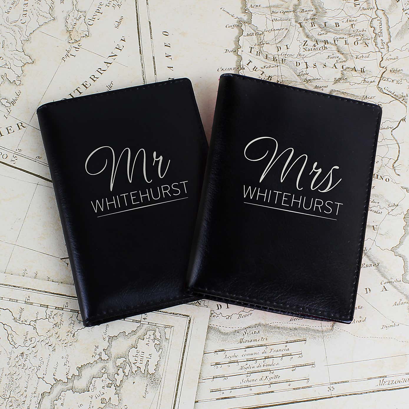 Personalised Mr and Mrs Black Leather Passport Holders