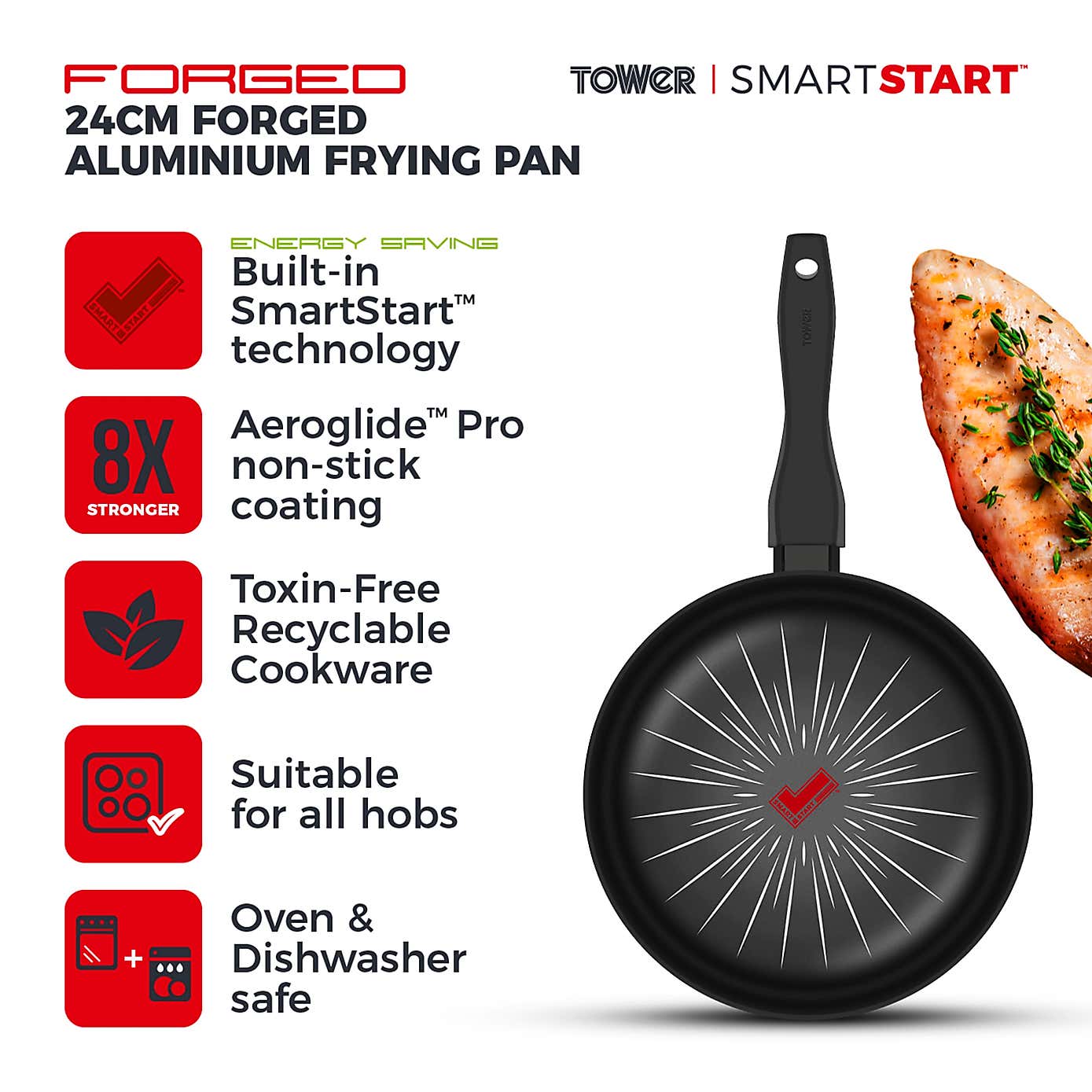 Tower Smart Start Non-Stick Forged Aluminium Frying Pan, 24cm