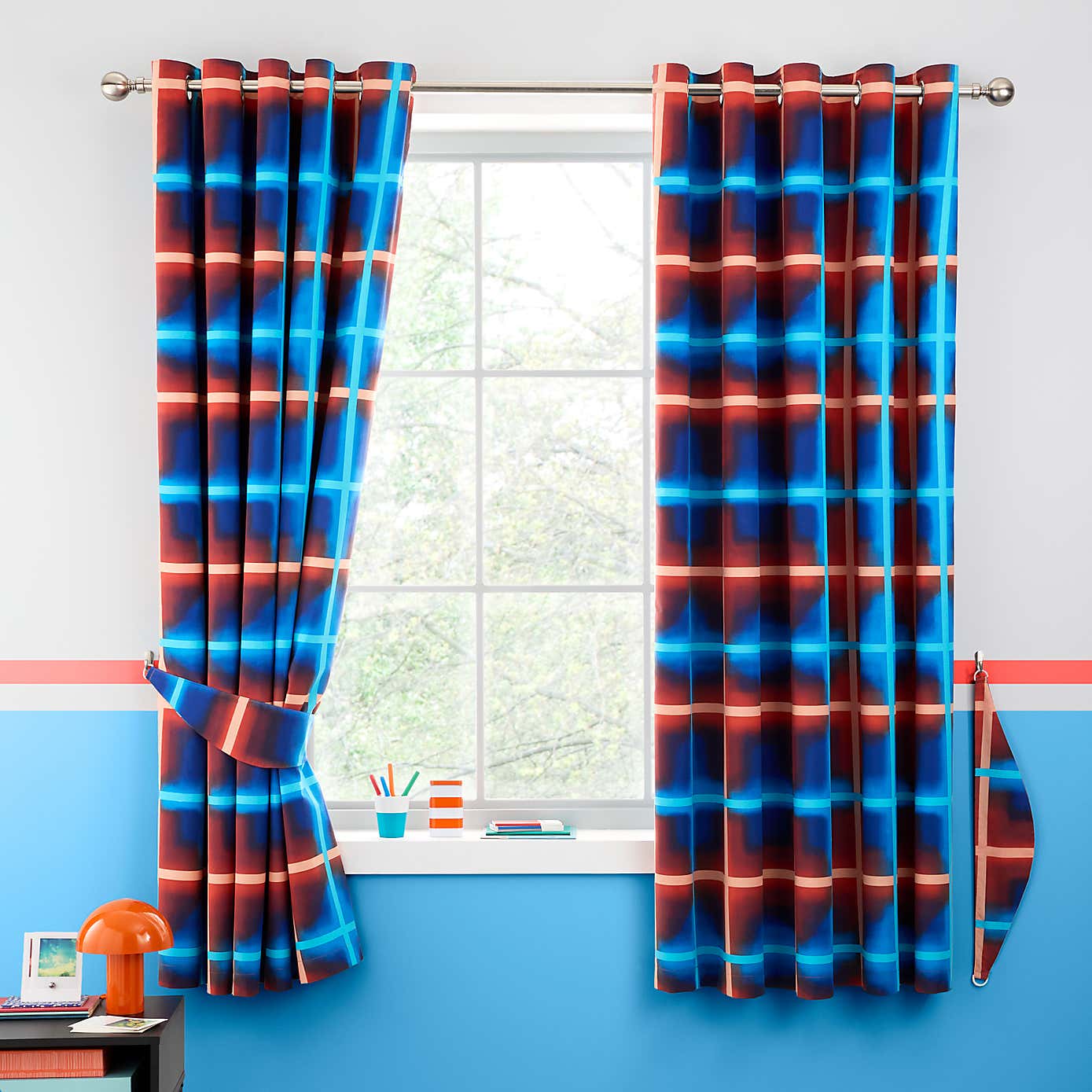 Red & Blue Neon Checks Blackout Eyelet Curtains