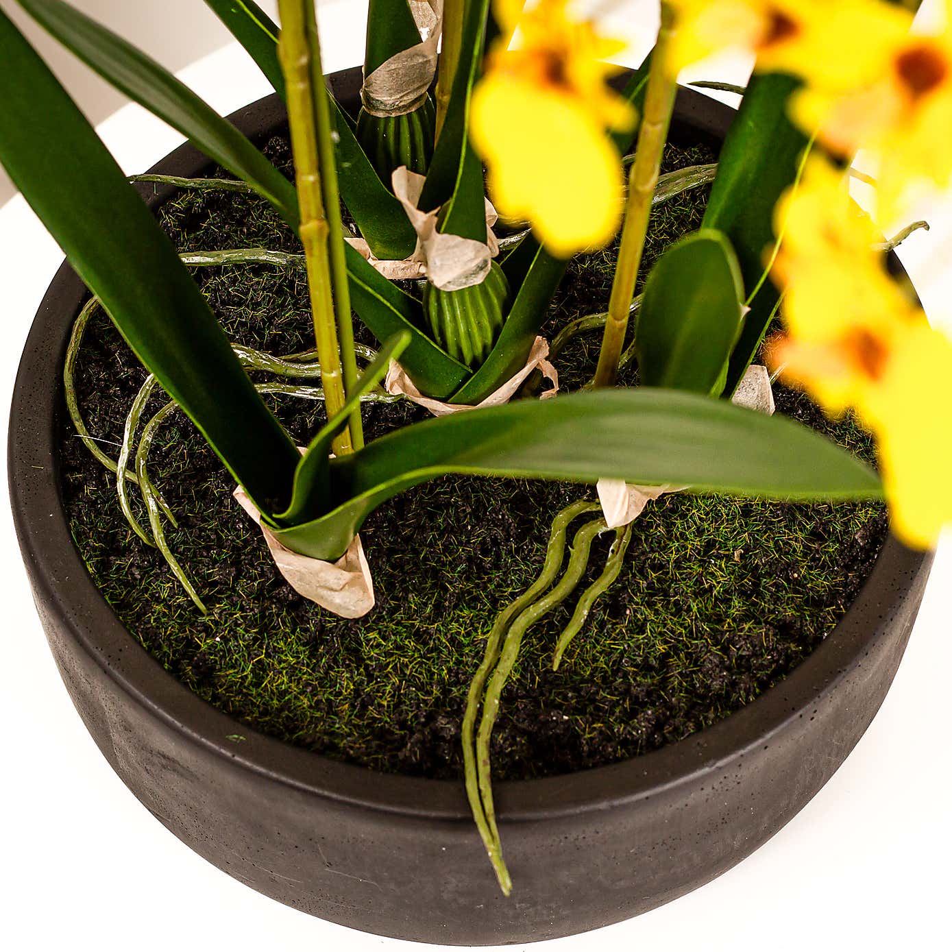 Artificial Yellow Dancing Orchid in Black Ceramic Plant Pot