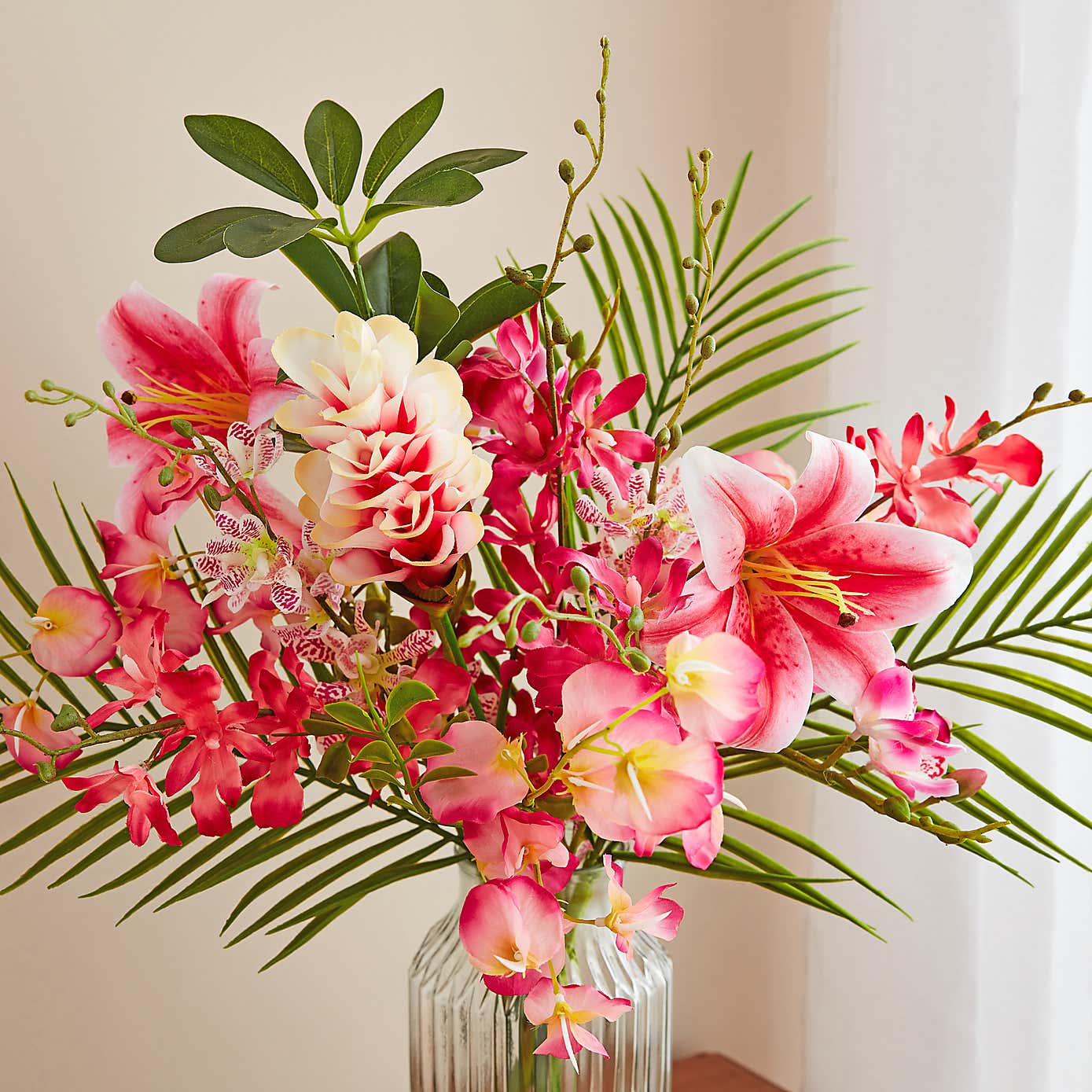 Artificial Orchid & Fern Bouquet in Ribbed Glass Vase