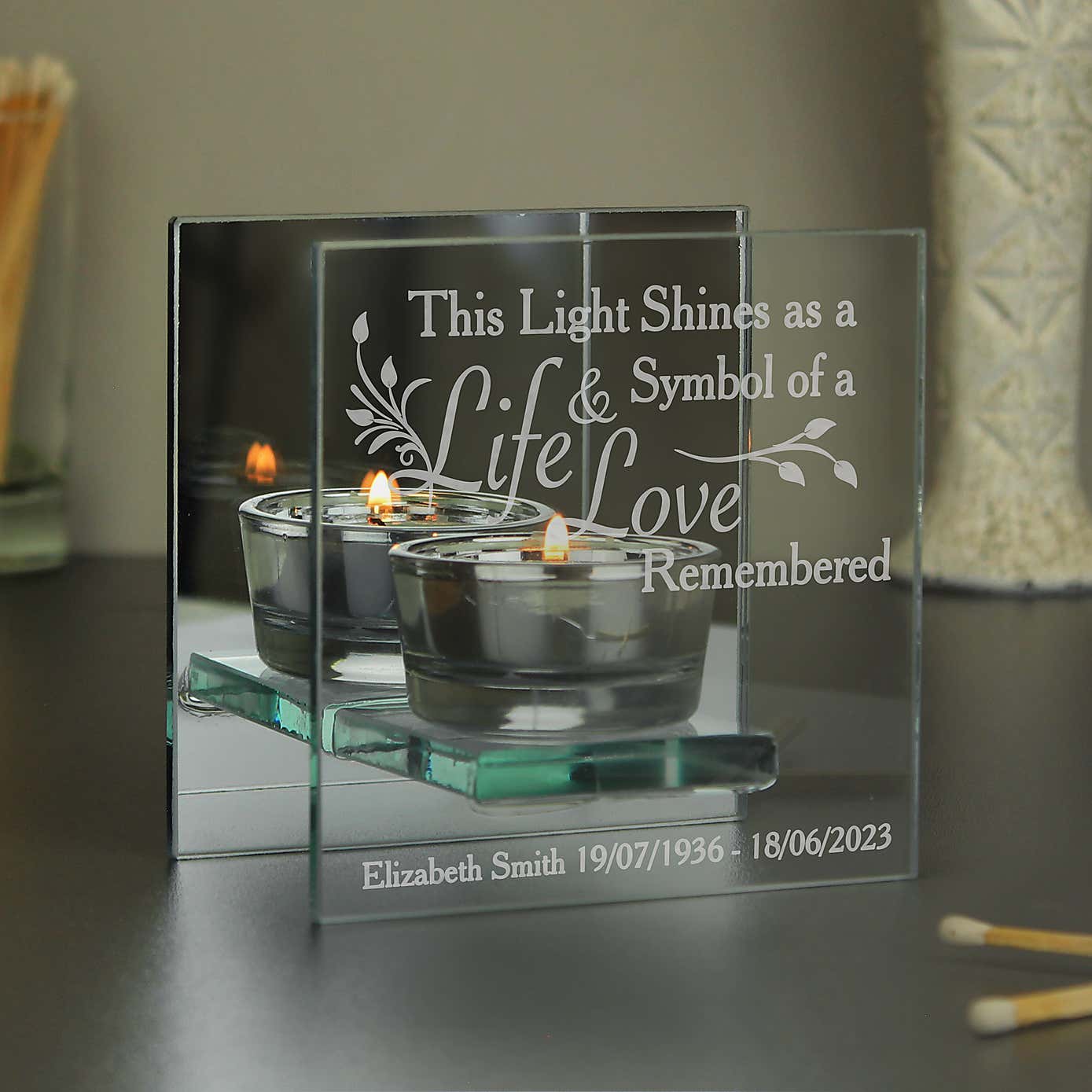 Personalised Life and Love Mirrored Glass Tea Light Holder