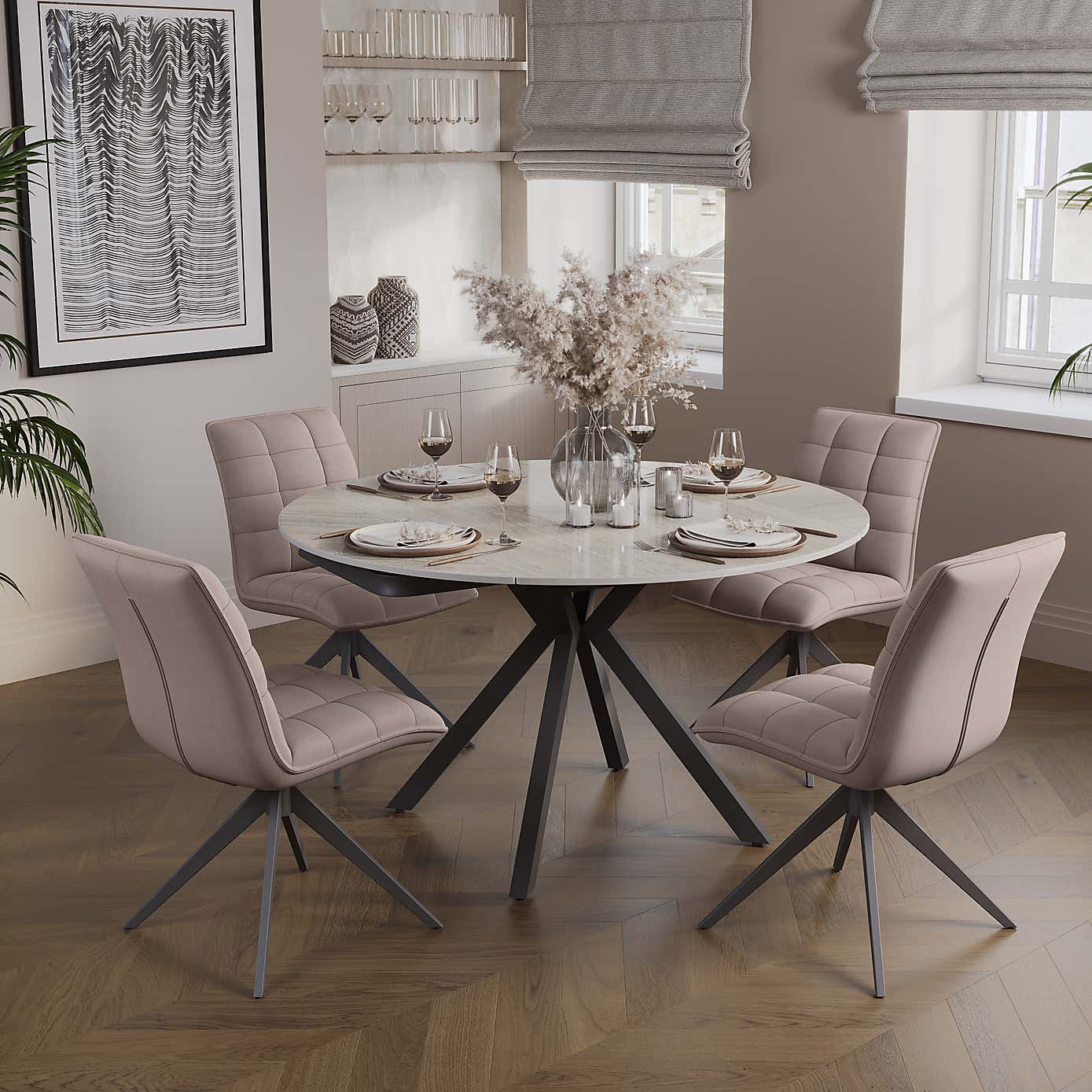 Indus Valley Camden 4-6 Seater Travertine Round Extendable Dining Table With 4 Aura Dining Chairs