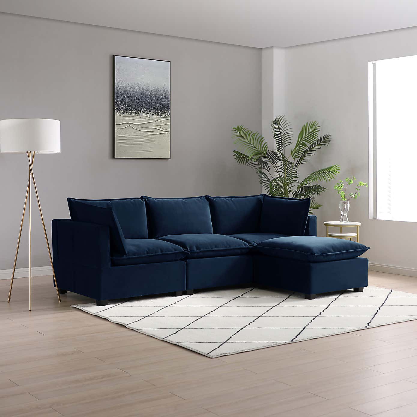 Moda 3 Seater Modular Sofa with Chaise, Navy Velvet