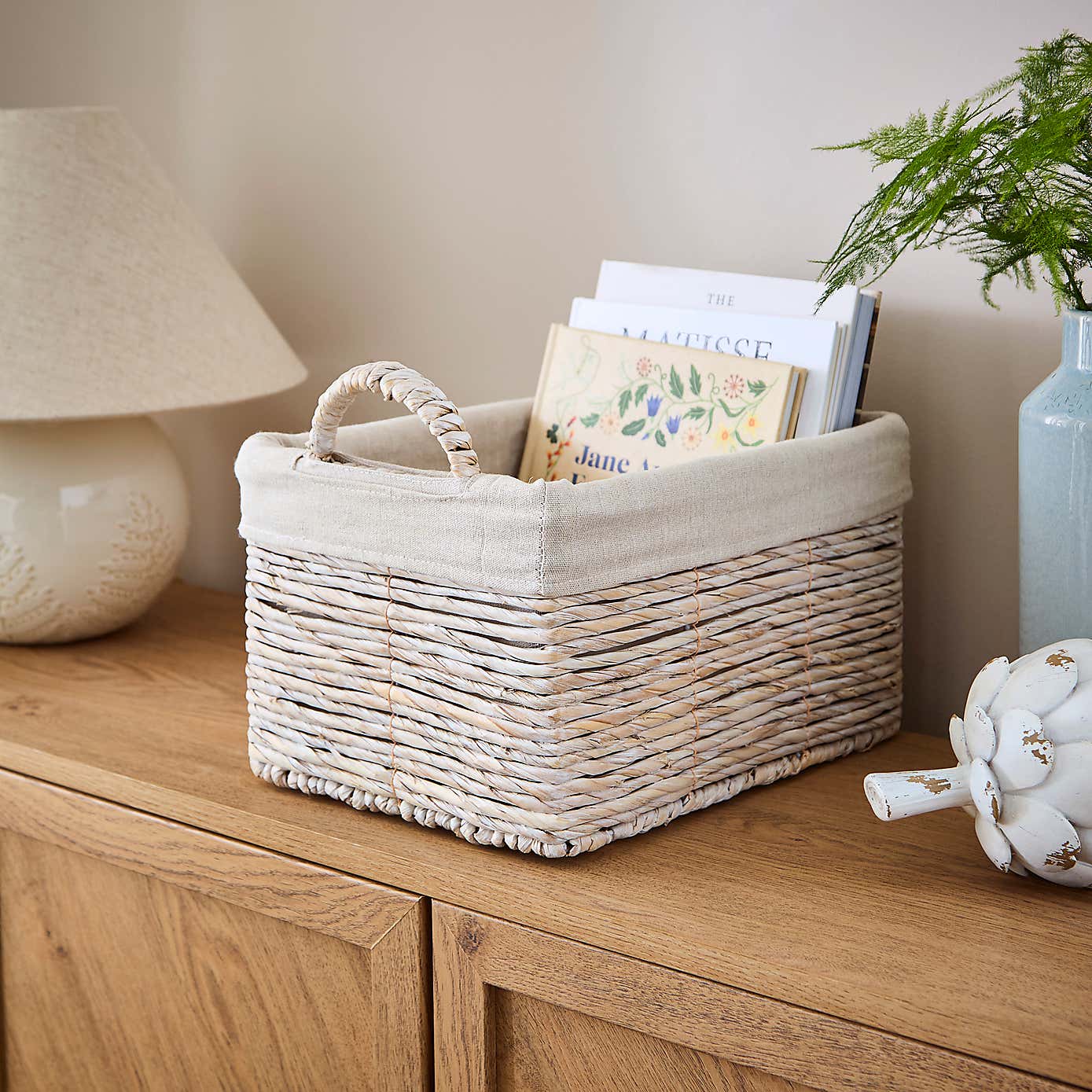 Whitewashed Wicker Rectangle Storage Basket