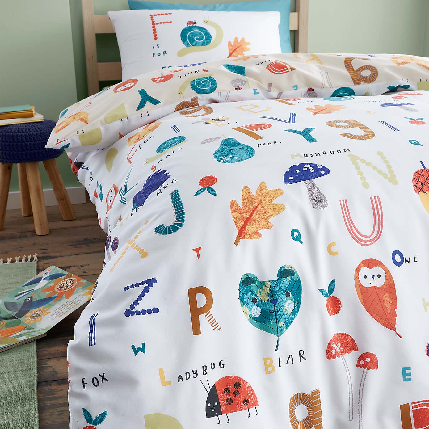 RHS Woodland Alphabet Natural Reversible Duvet Cover and Pillowcase Set