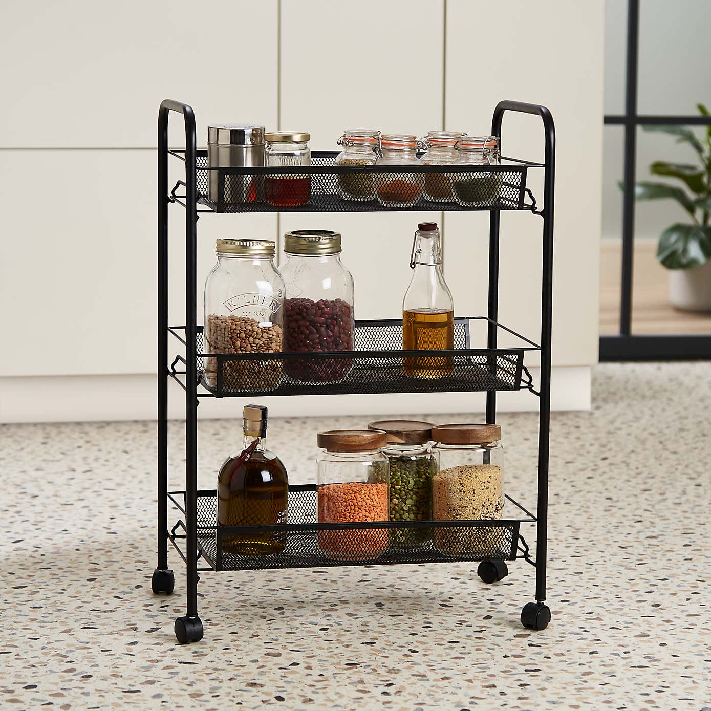 Black Mesh 3 Tier Storage Trolley
