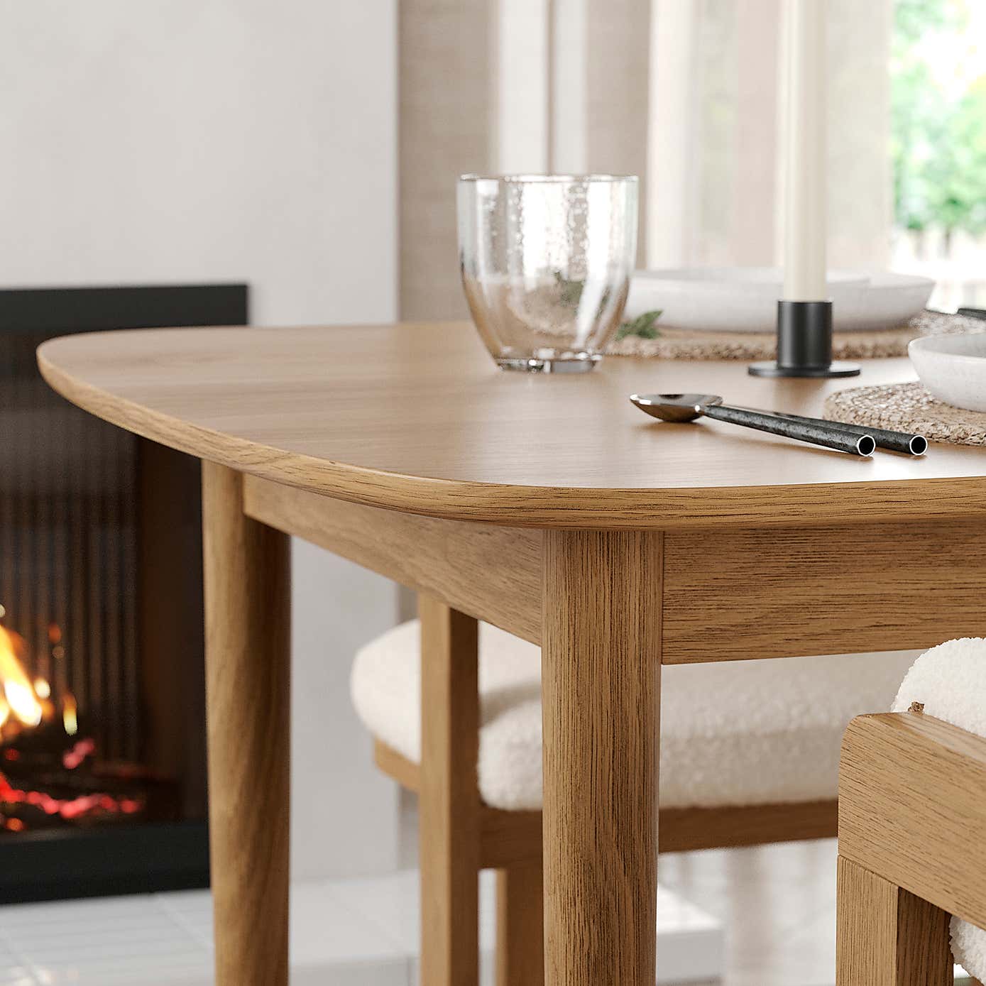 Karla Rectangular Extendable Dining Table with Oskar Dark Stained Ivory Boucle Dining Chairs