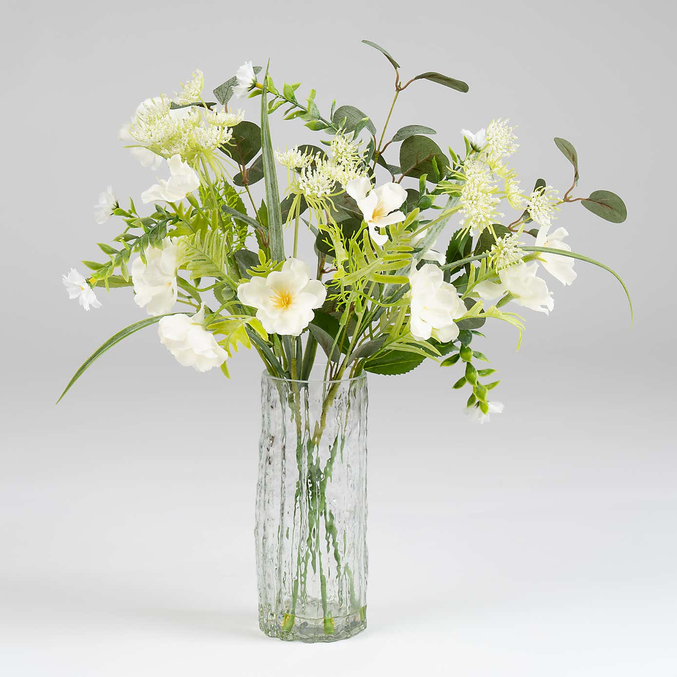 Artificial White Floral & Eucalyptus Arrangement in Glass Vase