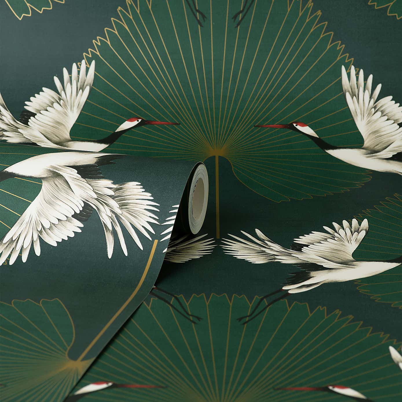 Crane and Leaf Green Wallpaper