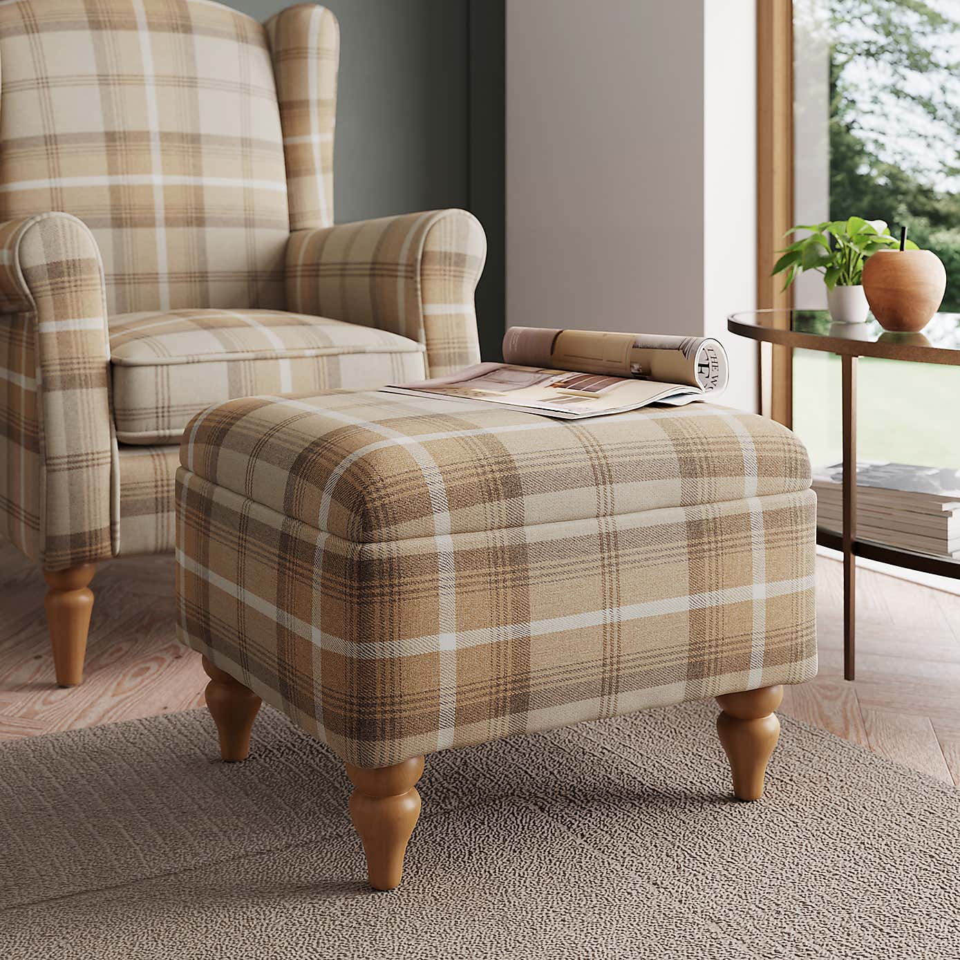 Oswald Check Storage Footstool Tapered Leg