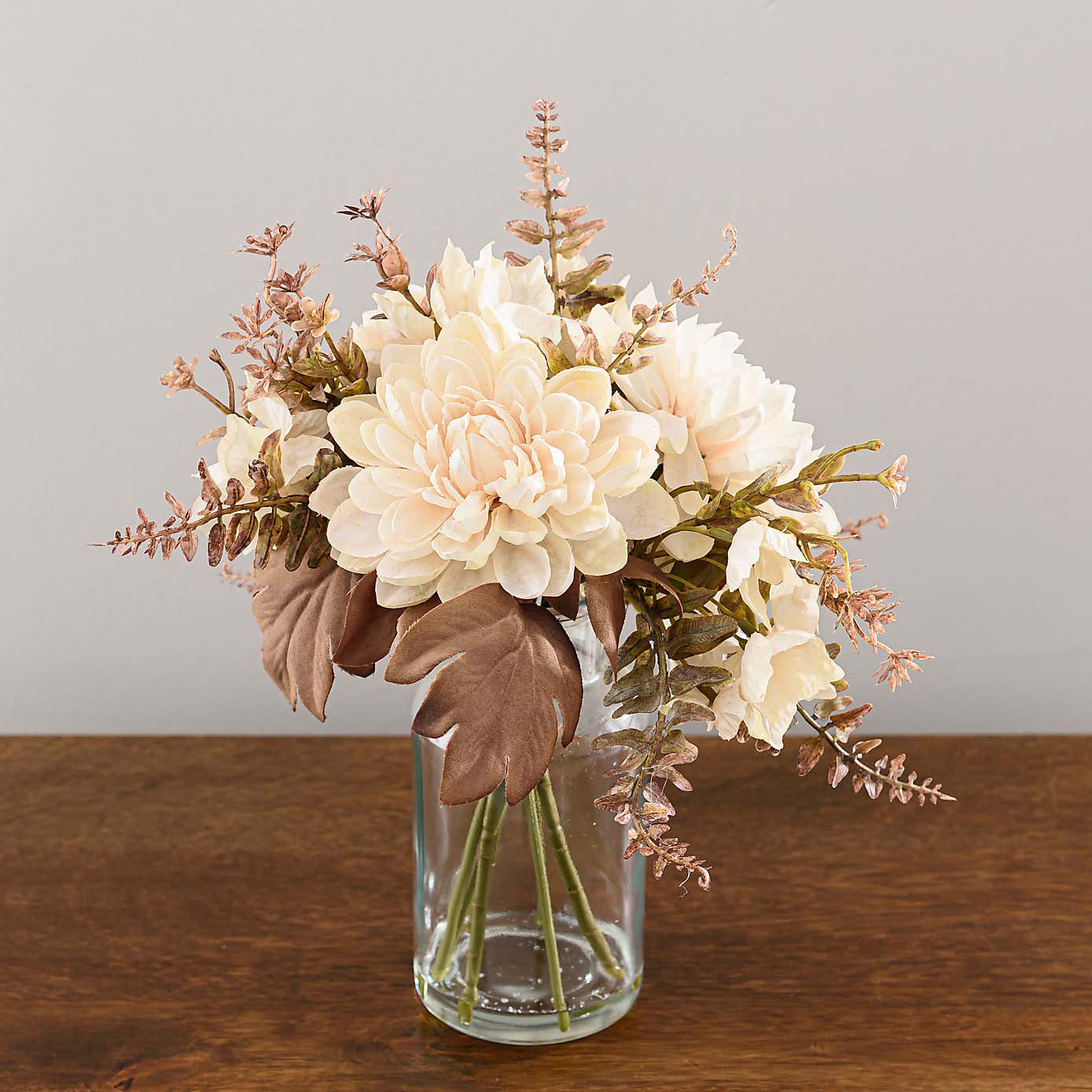 Artificial Dried Dahlia and Foliage Bouquet in Glass Vase