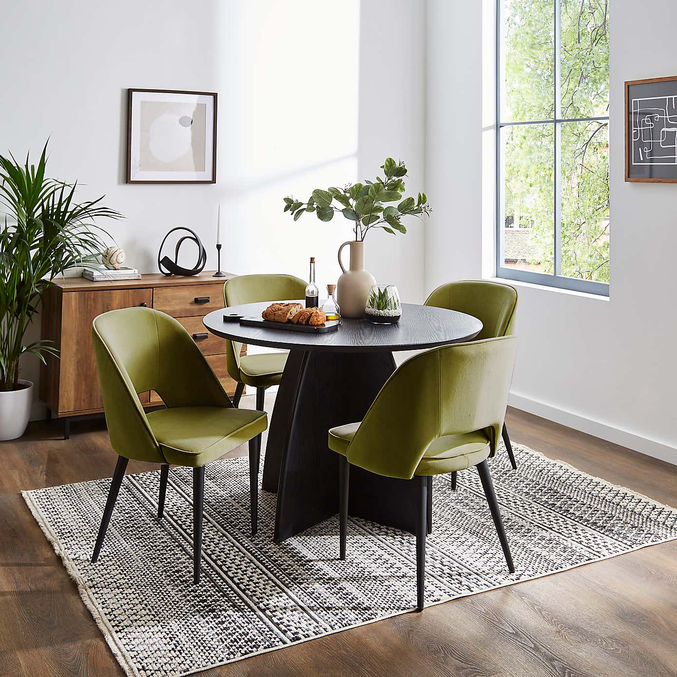 Effy Round Dining Table with 4 Lillia Olive Velvet Dining Chairs