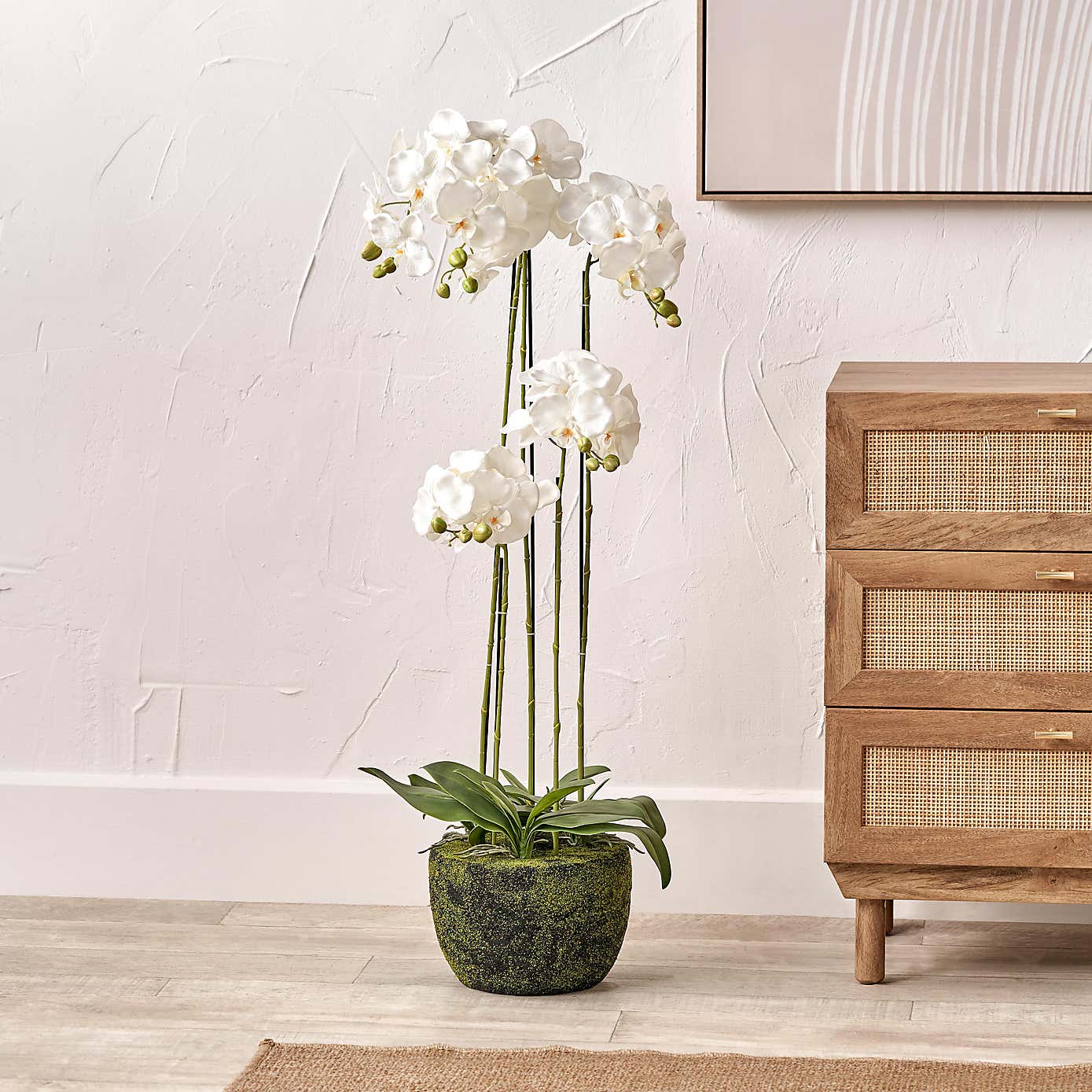 Artificial White Orchid in Moss Plant Pot