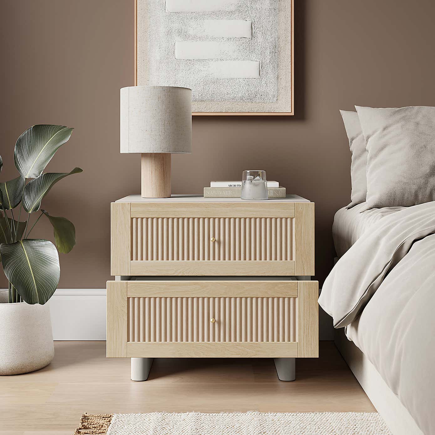 Maeva 2 Drawer Wide Bedside Table, Light Oak Effect