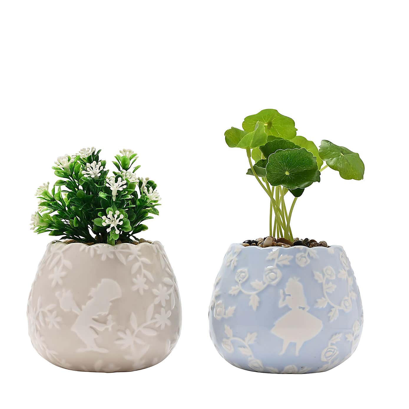 Set of 2 Artificial Plants in Disney Alice in Wonderland Plant Pots