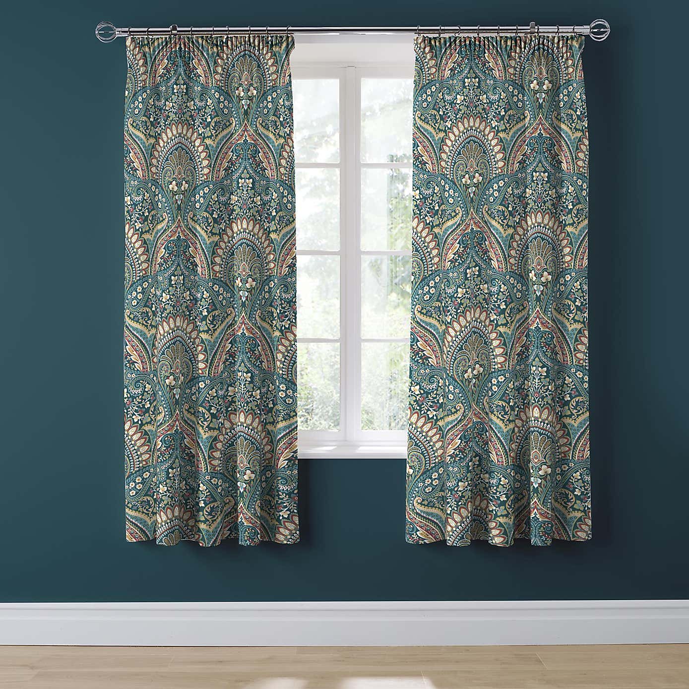 Palais Teal 168 x 183cm Pencil Pleat Curtains With Tie Backs