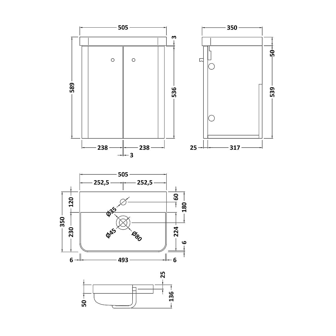 Core Wall Mounted 2 Door Vanity Unit with Basin
