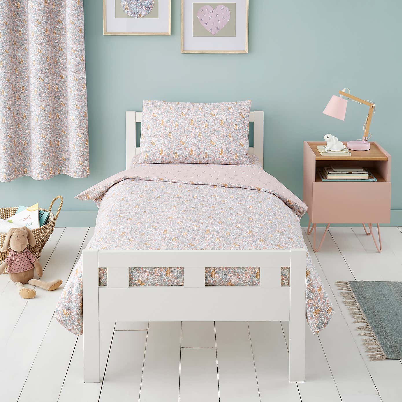 Ditsy Bunny Pink 100% Cotton Reversible Cot Bed Duvet Cover and Pillowcase Set