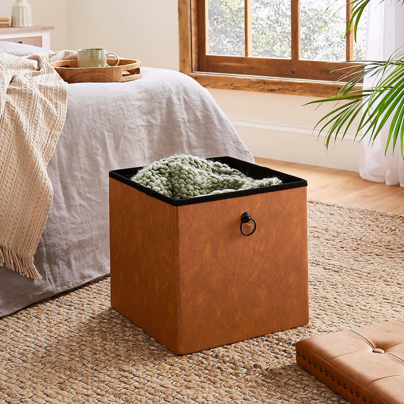 Faux Leather Cube Ottoman Tan