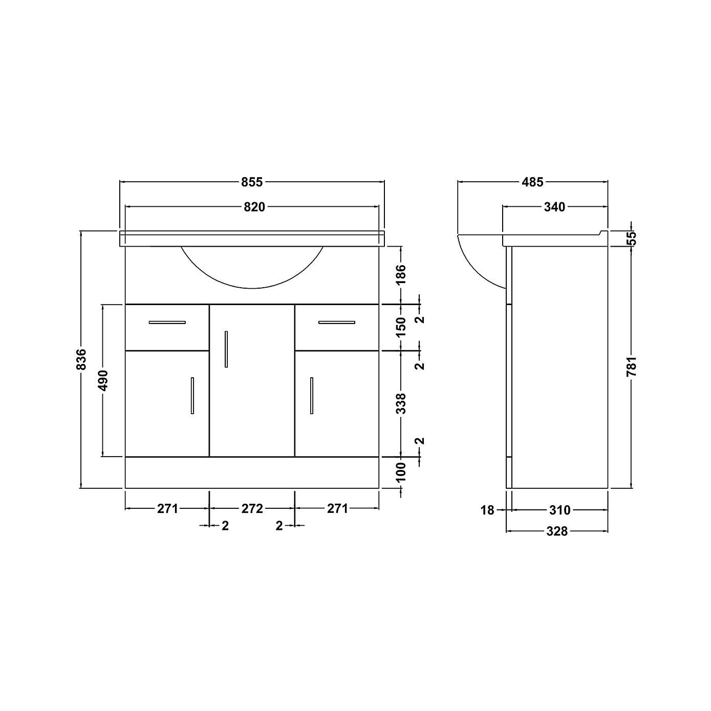Mayford 3 Door 2 Drawer Vanity Unit with Round Basin