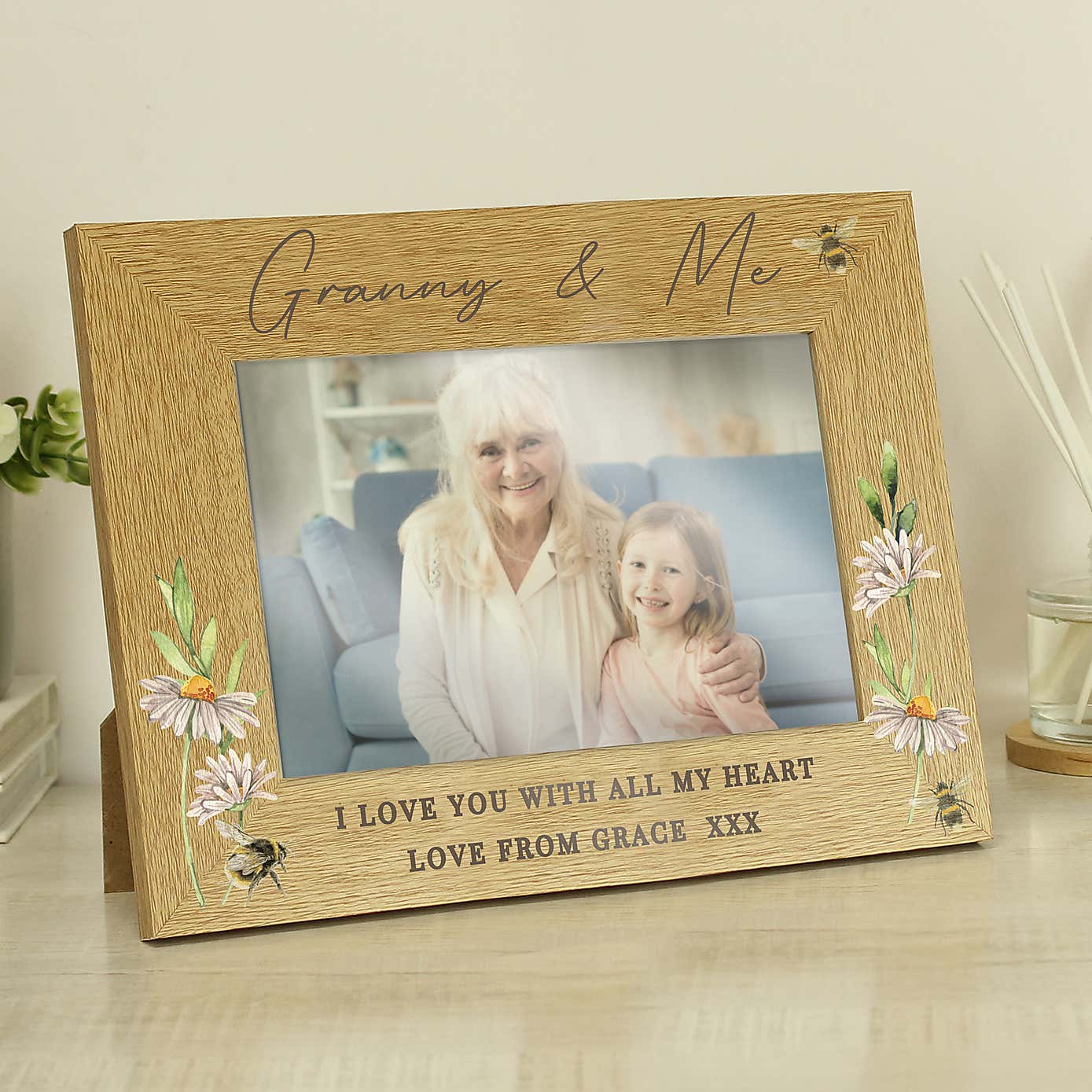 Personalised Floral Bee Oak Finish Photo Frame