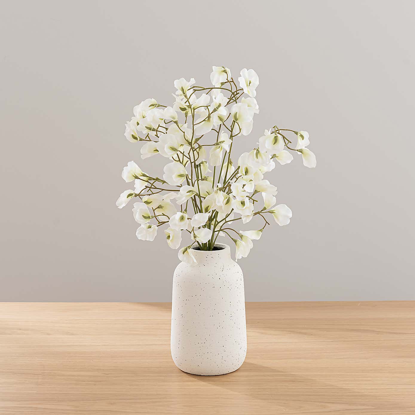Sweetpea Arrangement in Textured Ceramic Vase with Tuberose & Freesia Candle