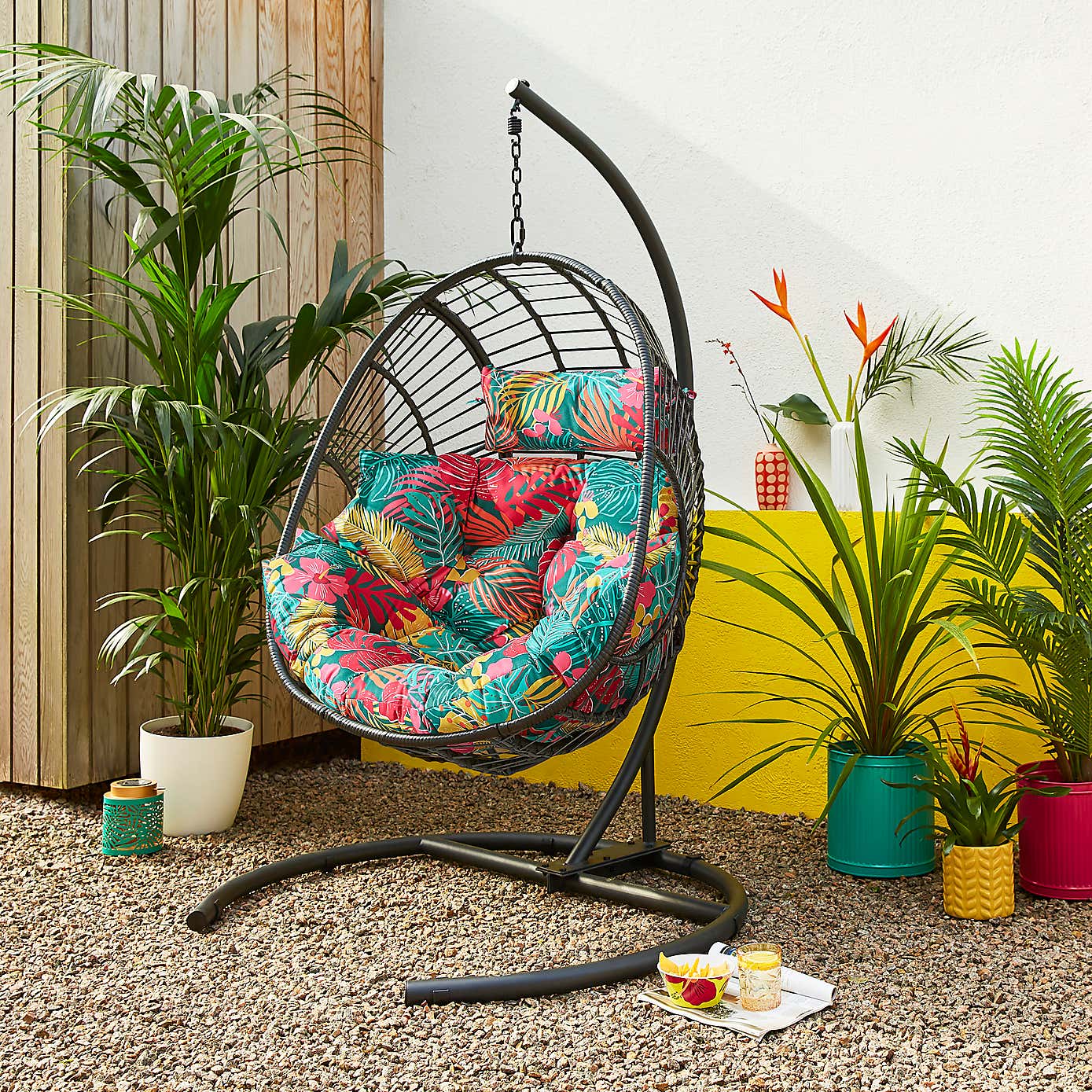 Black Egg Chair with Tropical Cushion